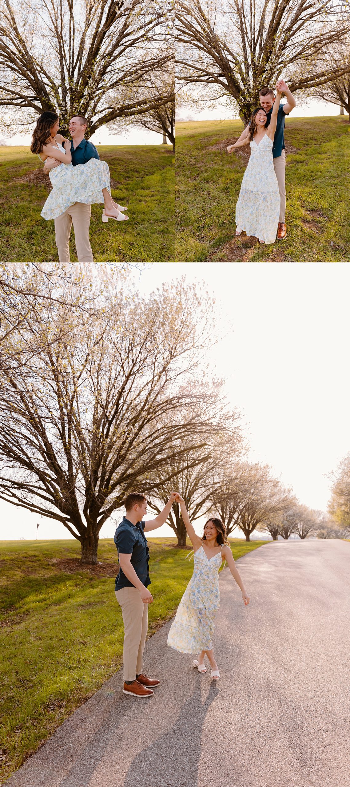 woman wearing long white spring floral dress during sunset session with Kansas City photographer 