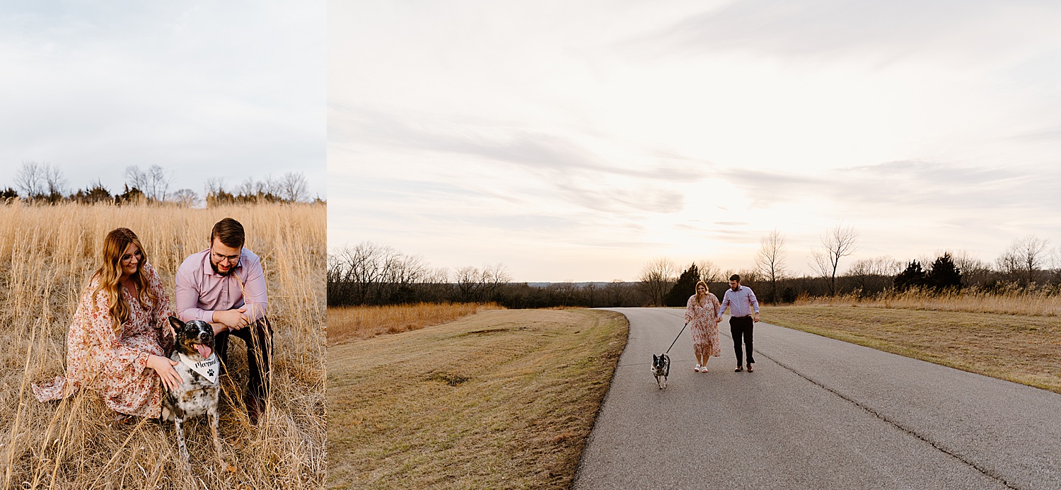 walking with dog during engagement session wearing long dress and dress clothes 