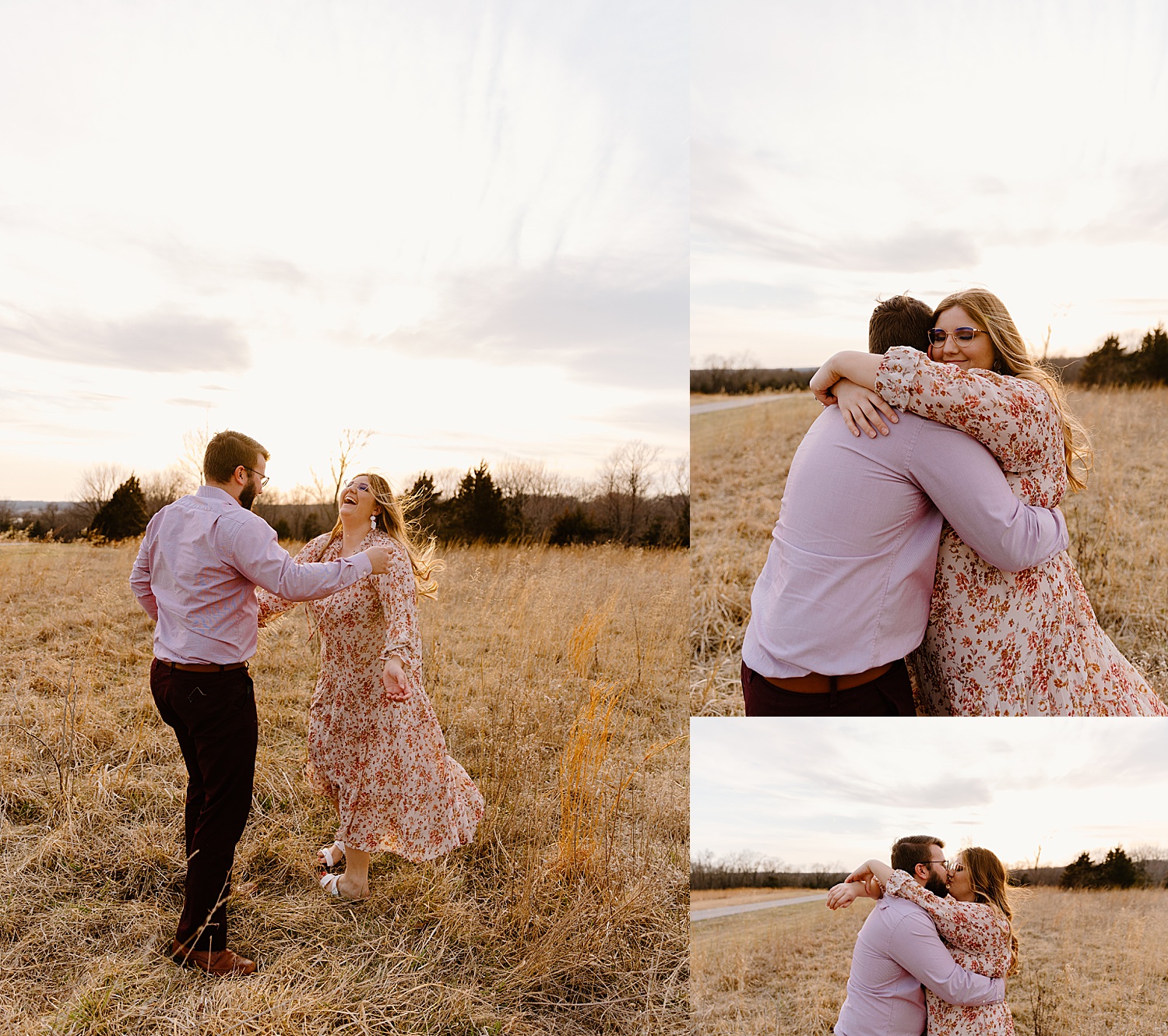 wearing a floral dress dancing in a field during engagement session with dogs 