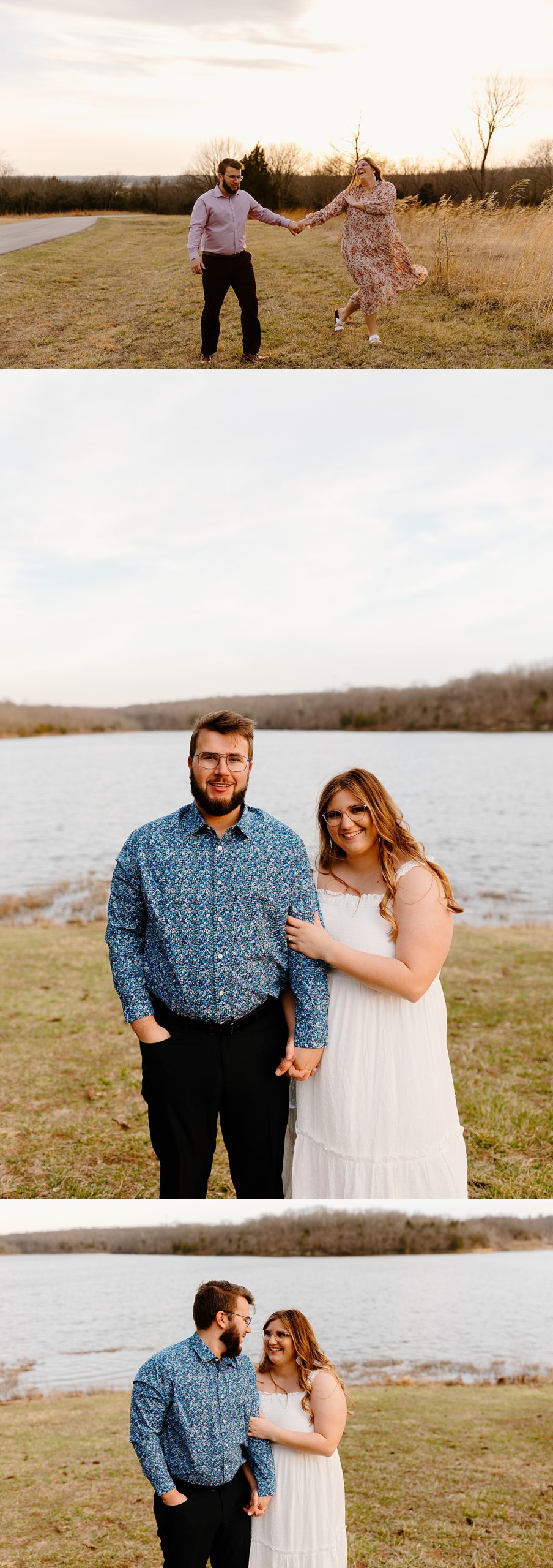 white long dress and floral shirt during engagement session at Kansas City park
