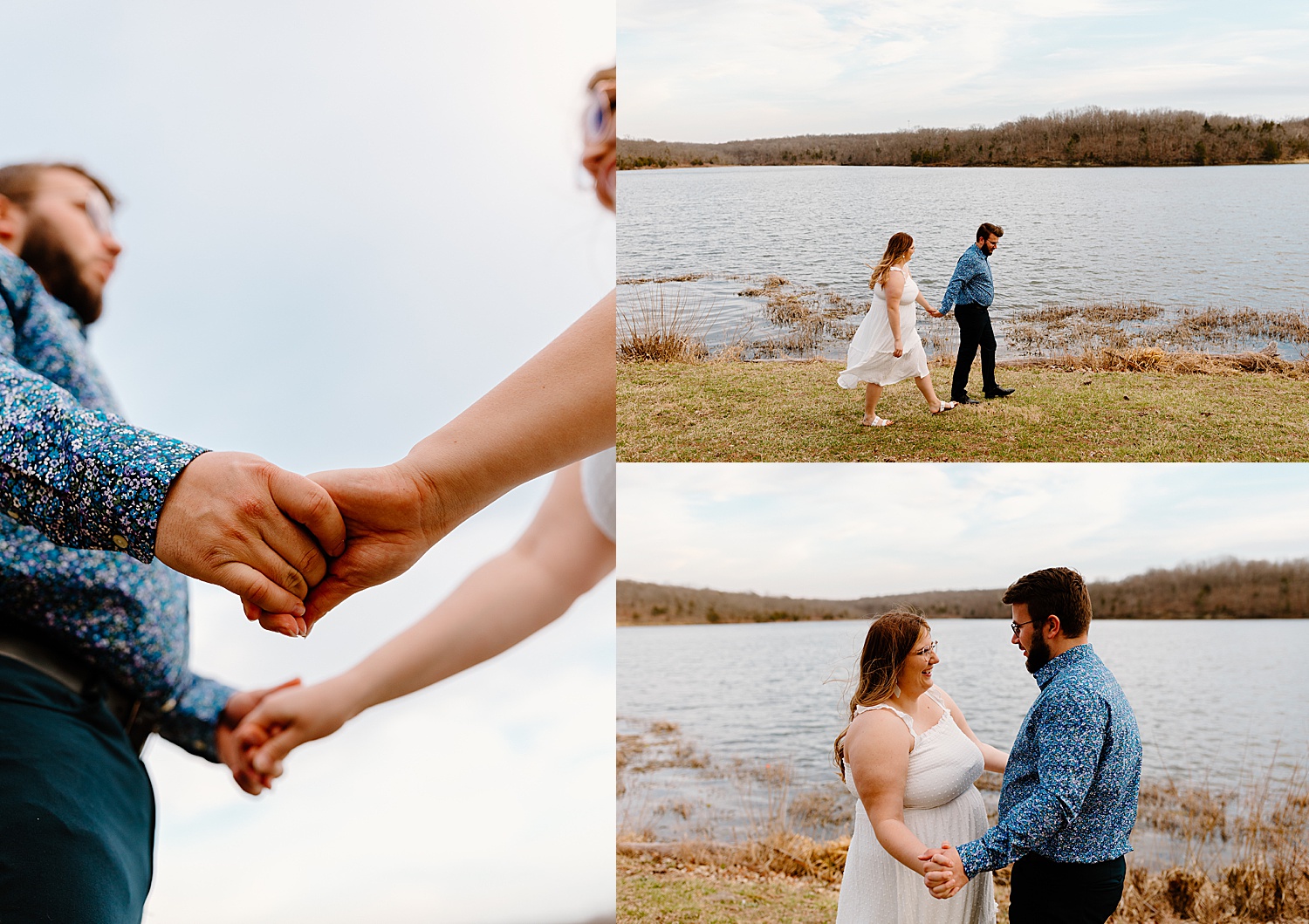 holding hands near lake in Kansas City with engagement photographer 