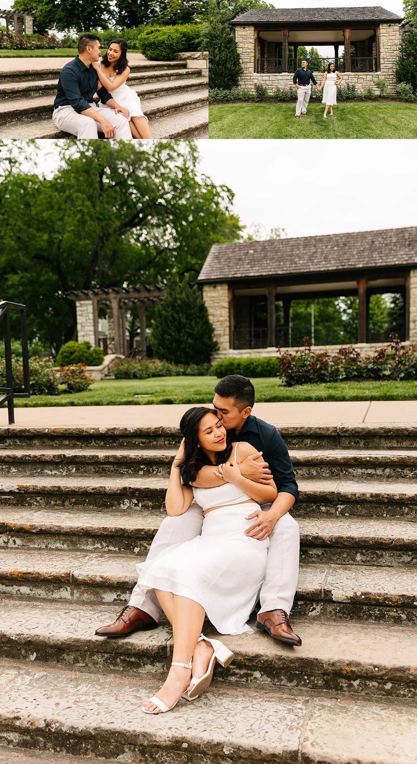 newly married couple in wedding attire sitting on steps in park in Kansas City 