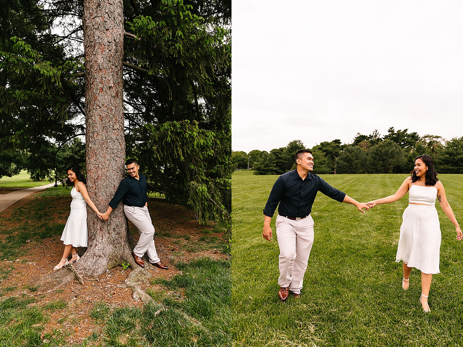 standing around tree for spring wedding portraits while holding hands 