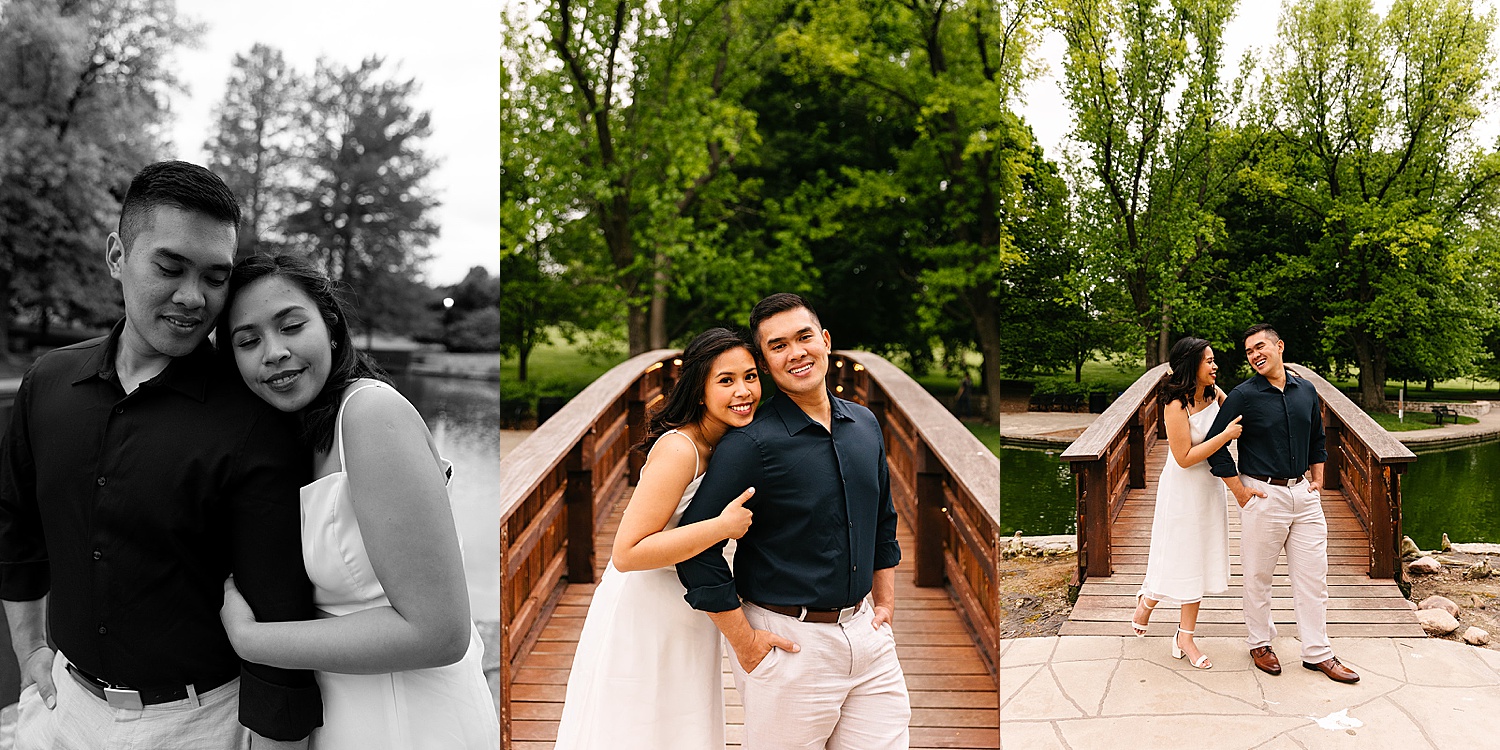 standing on bridge overlooking pond in Kansas City park for spring wedding portraits 
