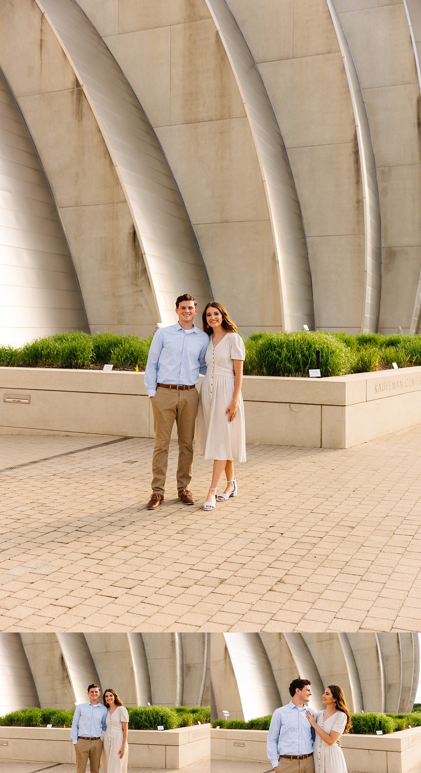 Kauffman Performing Arts Center engagement session with couple wearing dress and dress shirt 