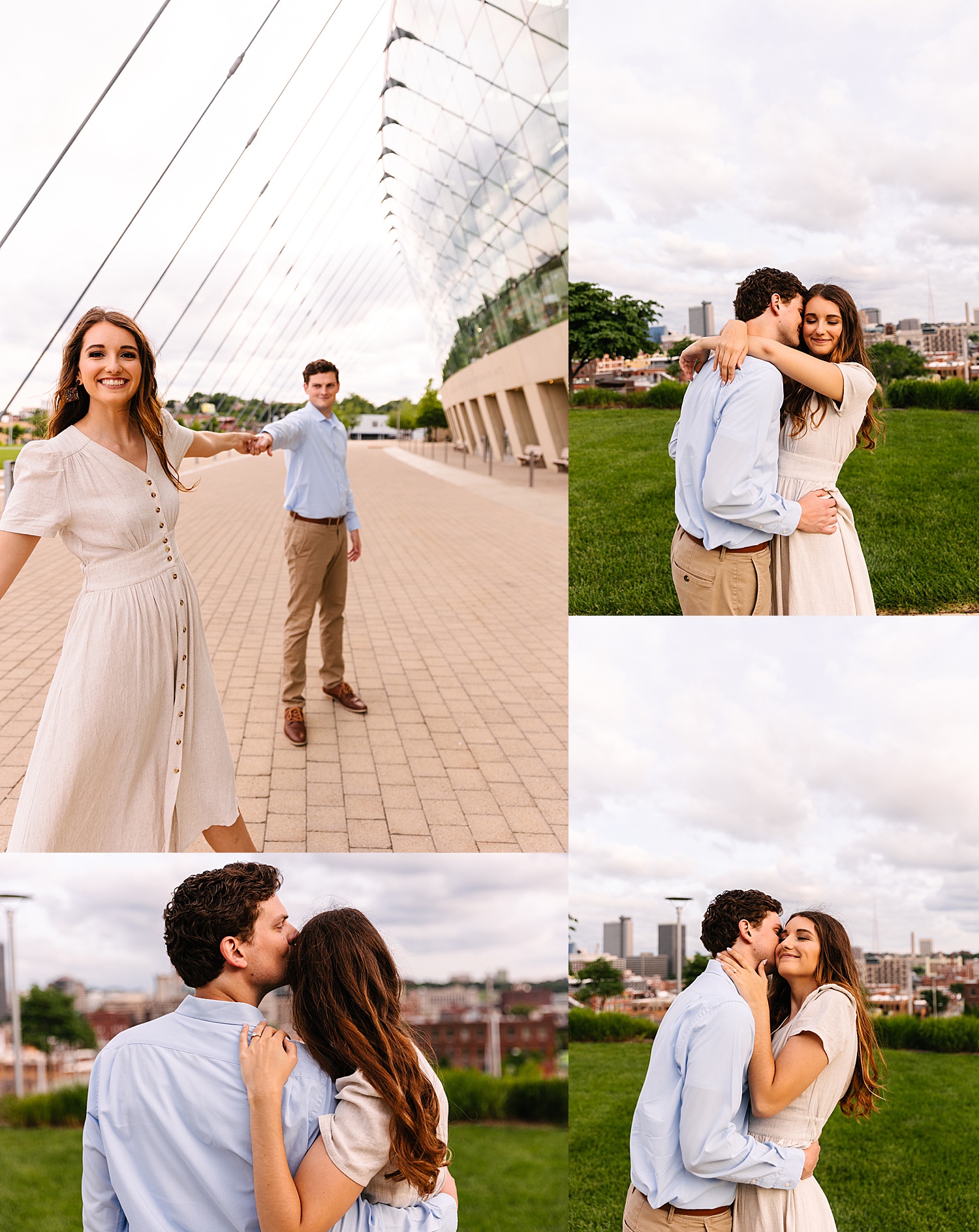 overlooking the skyline of Kansas City during engagement session 