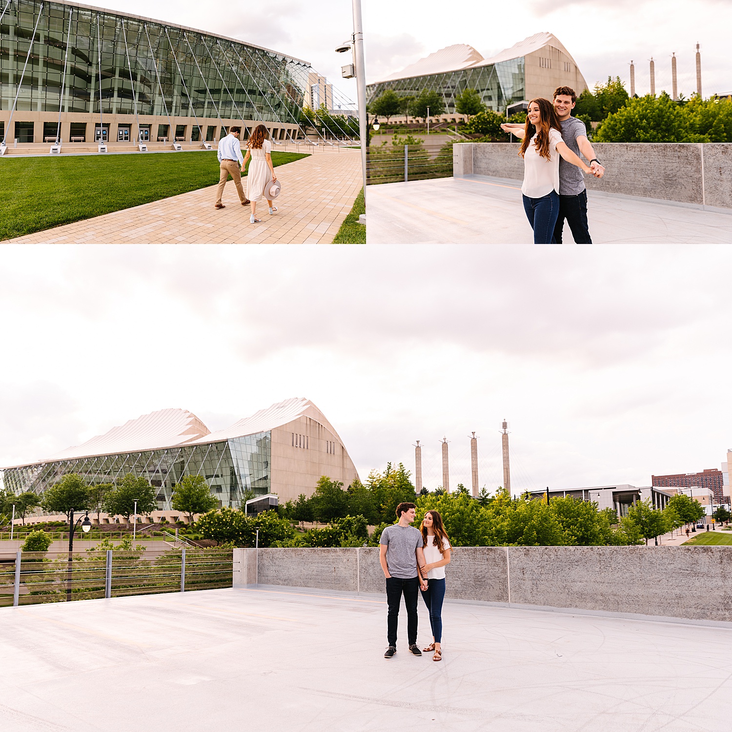 casual clothing engagement session outside of Kauffman Performing Arts Center