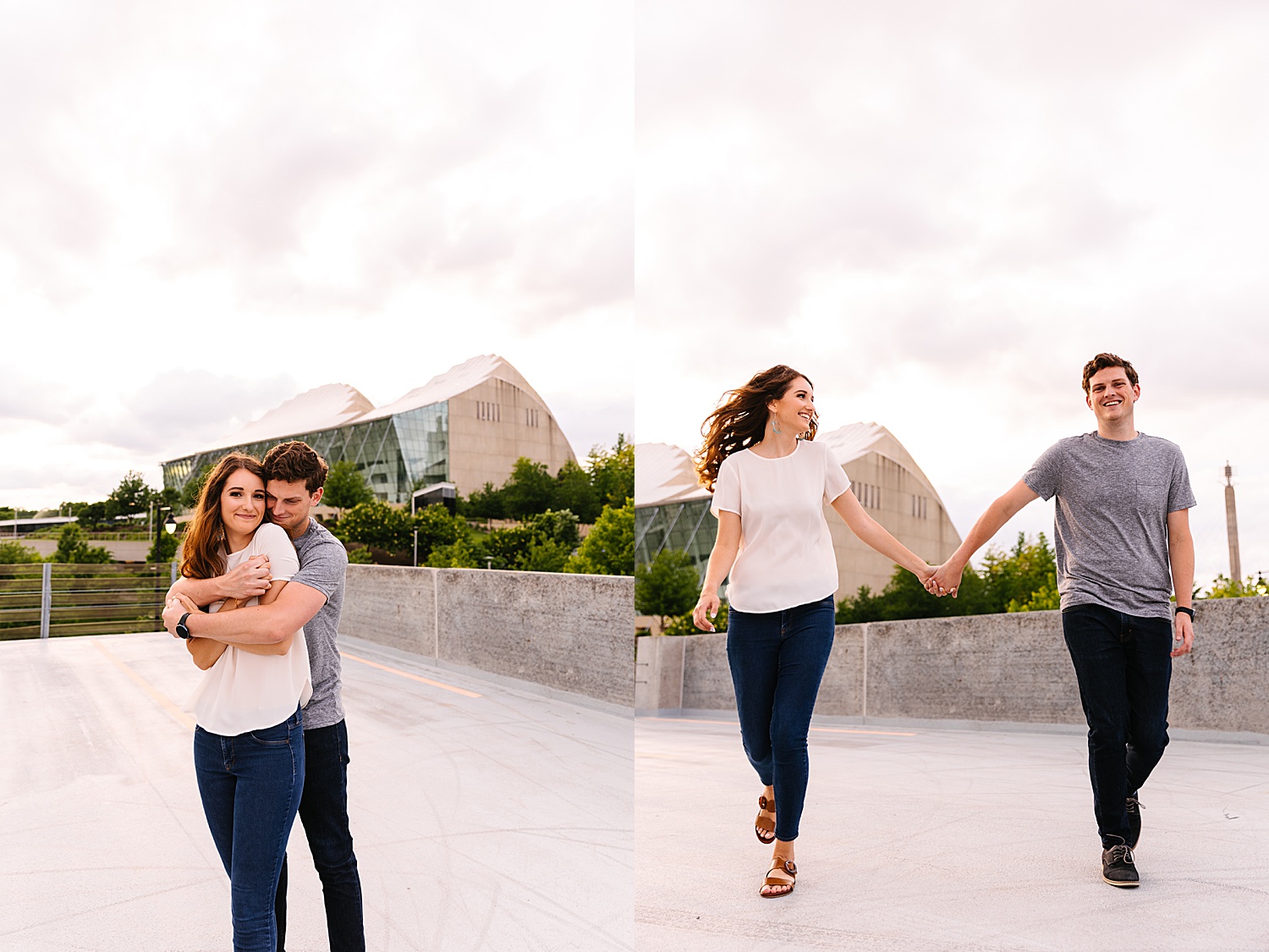 running on the sideways while holding hands wearing jeans with fiance by Natalie Nichole Photos