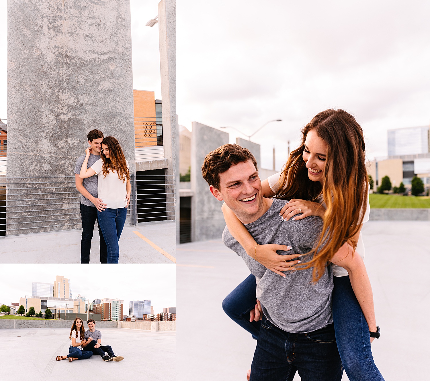 couple sitting on rooftop of parking garage and then piggy back rides with engaged couple 