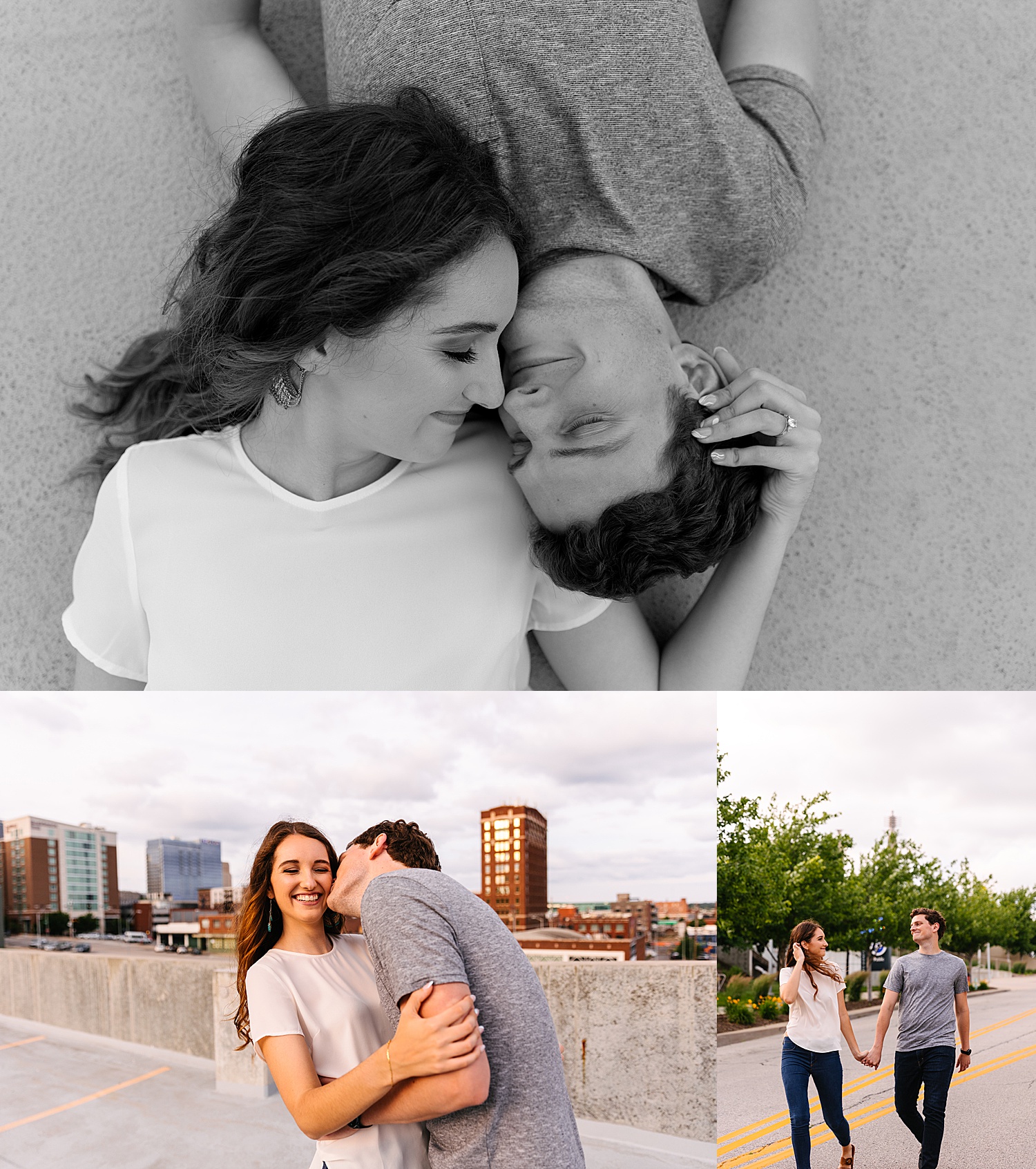couple laying on the floor of parking garage during Kauffman Performing Arts Center engagement session 
