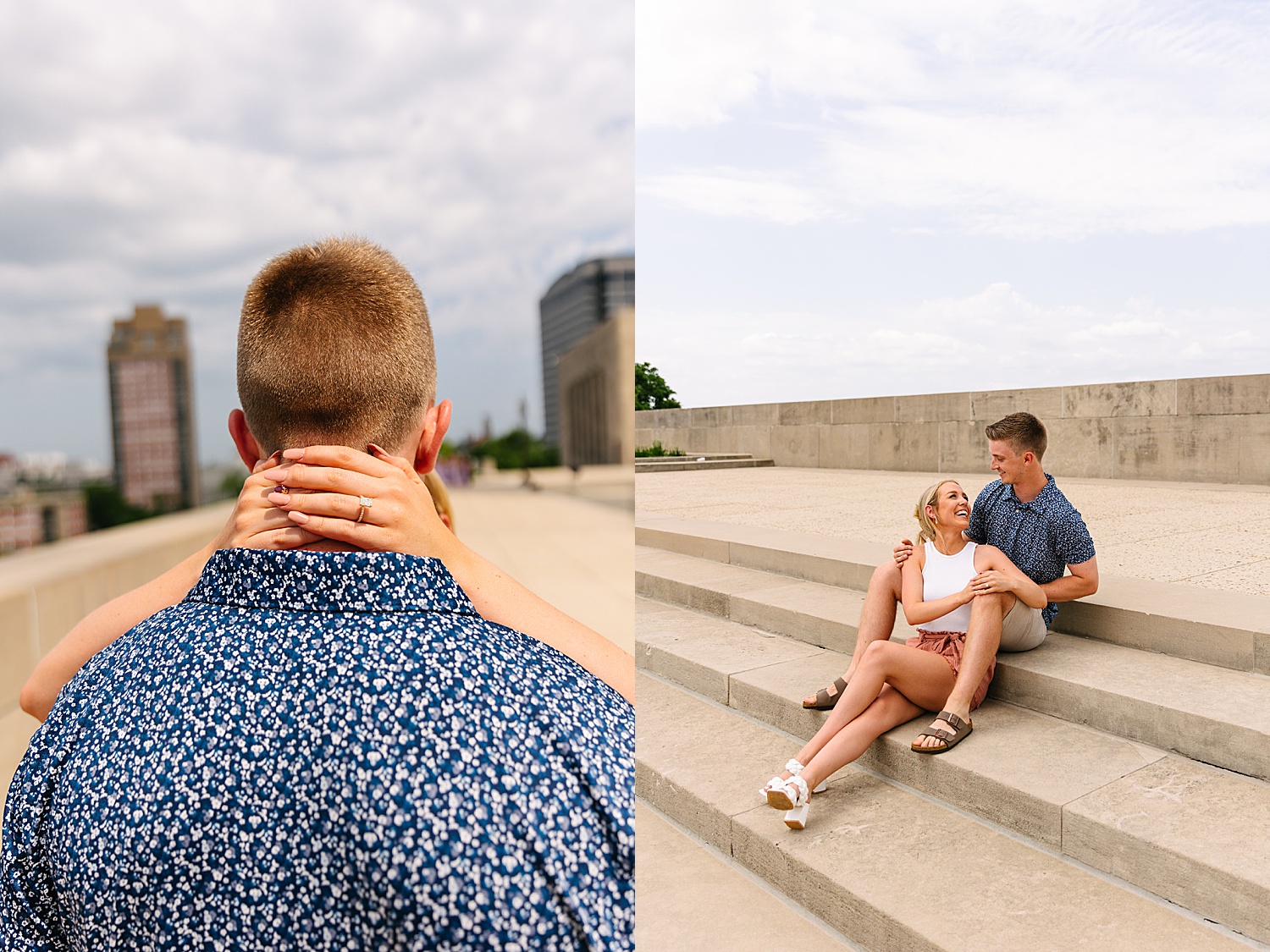 couple wearing summer outfits on rooftop after bellafete proposal 