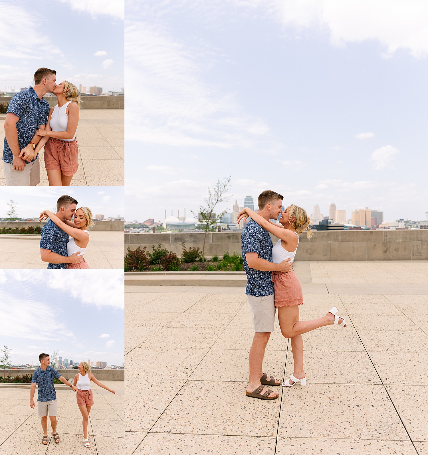 engaged couple kissing on rooftop while overlooking Kansas City skyline 