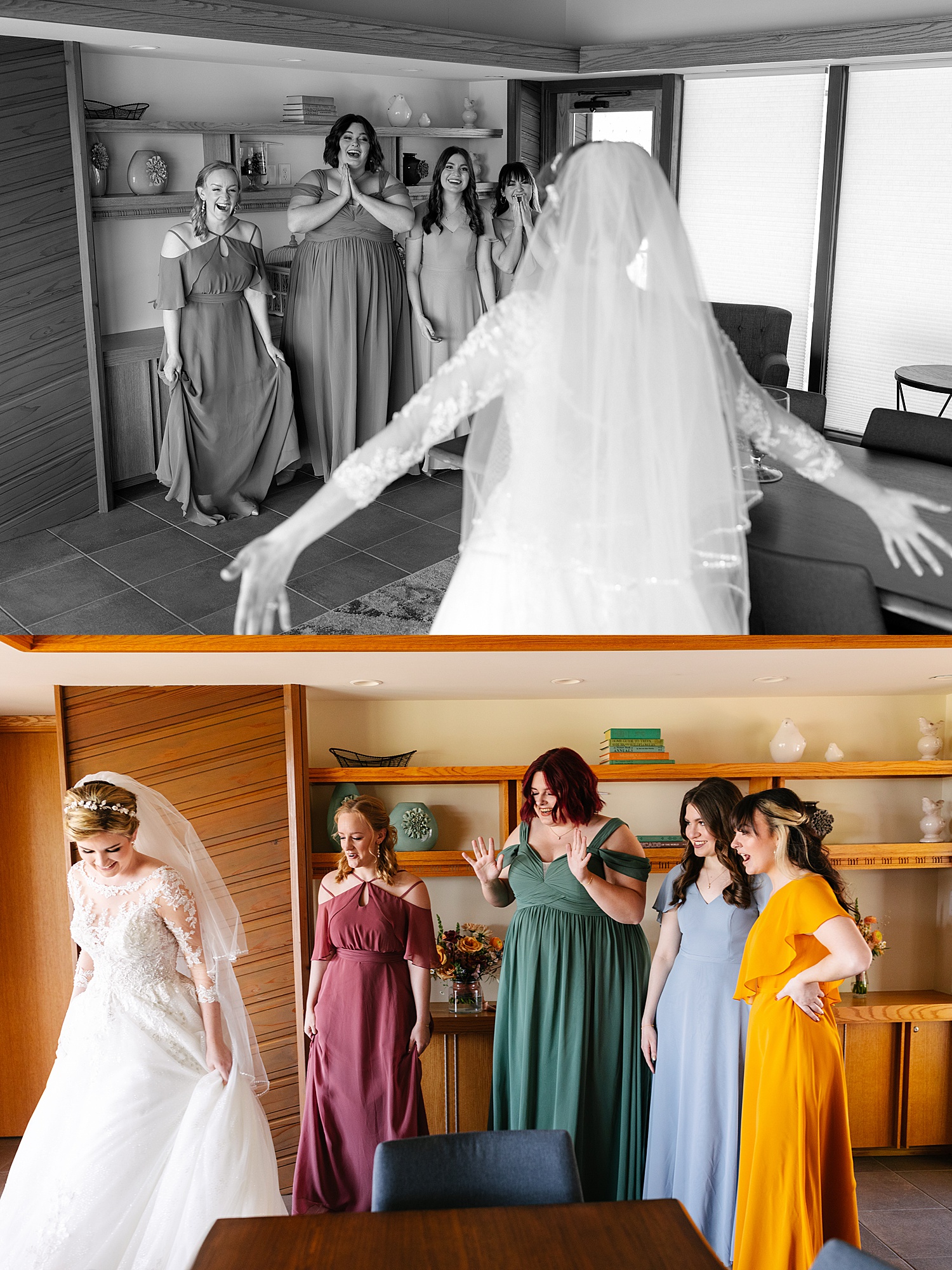 first look with bridesmaids in bridal suite on wedding day 