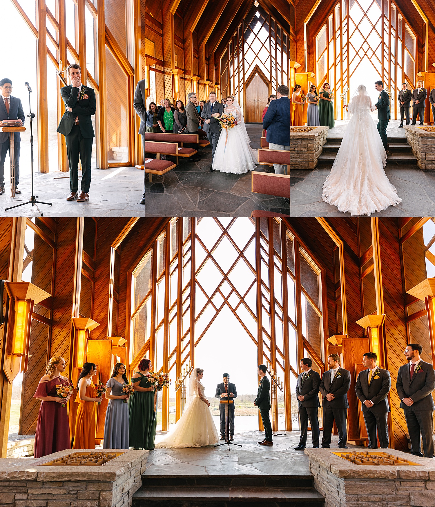 ceremony at Powell Gardens with stain glass windows and a wedding party during the ceremony 