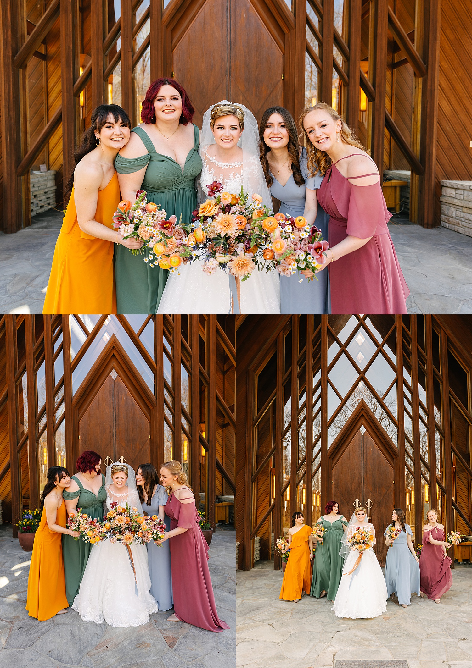 bridal party in multi colored dresses and holding a wedding bouquet 