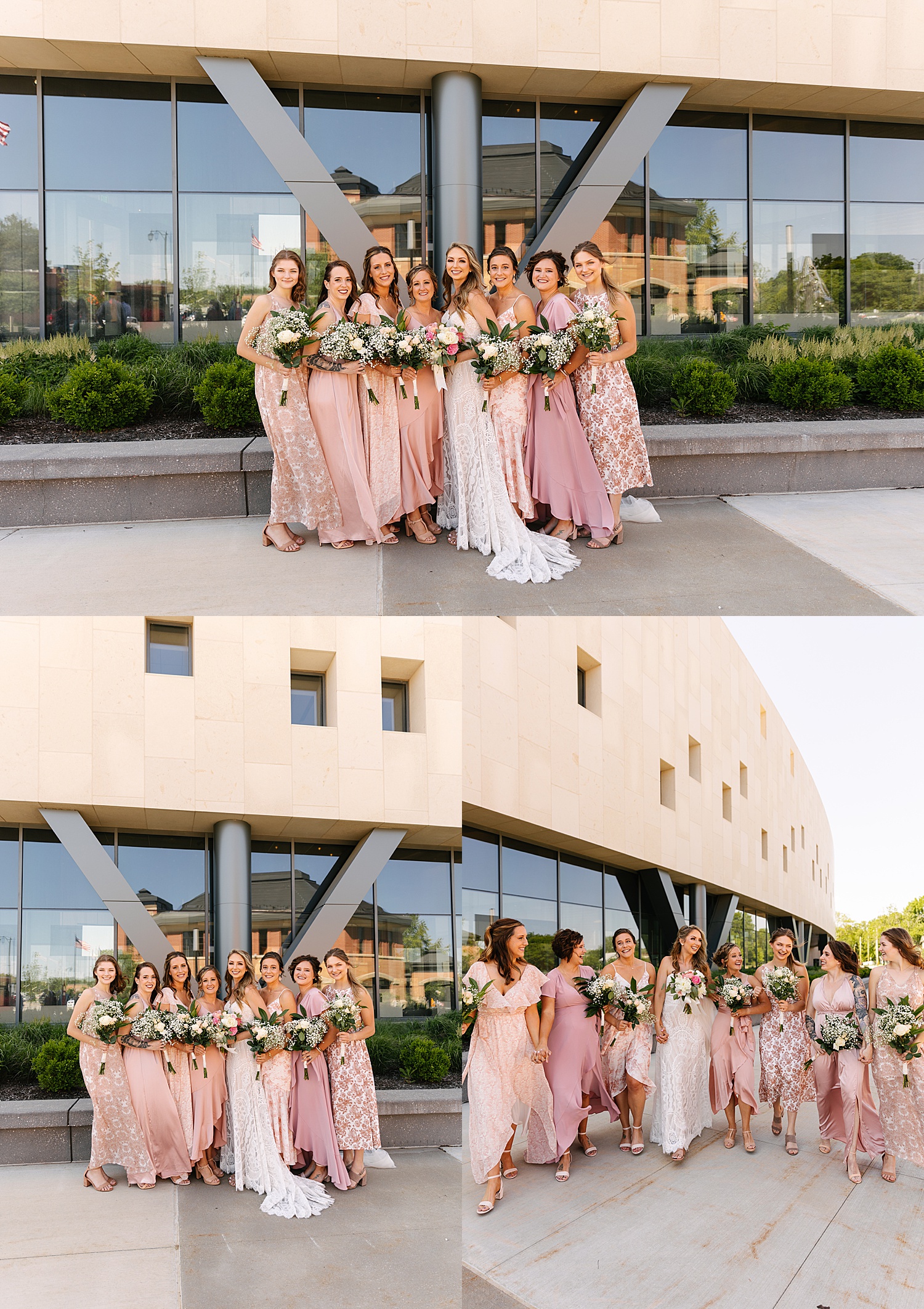 bridal party wearing blush pink dresses holding white and green wedding bouquet at Johnson County Courthouse
