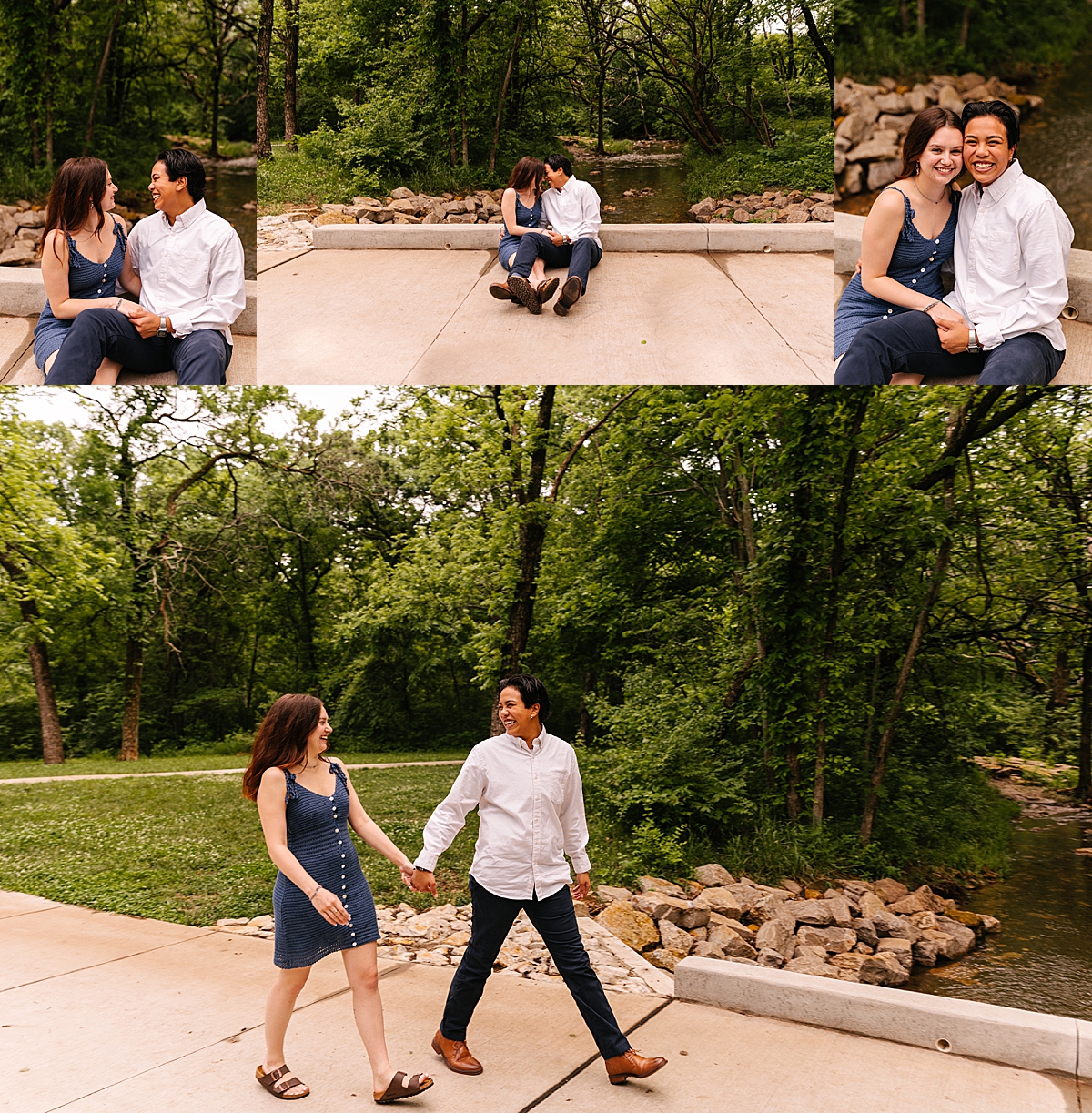 couple sitting on park path during Kansas City session with couples photographer 