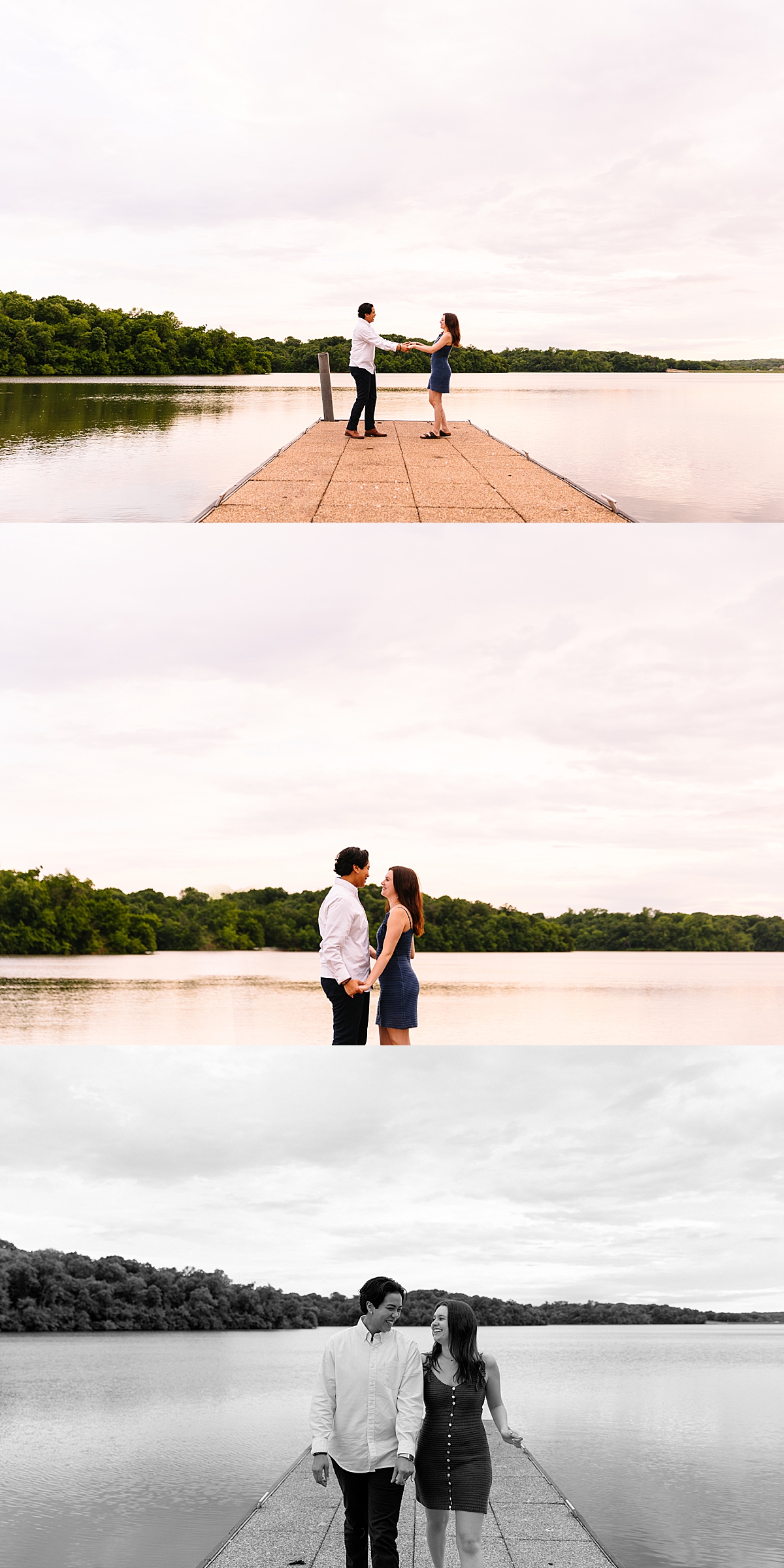 couple walking along the pier during shawnee mission park session during blue hour 