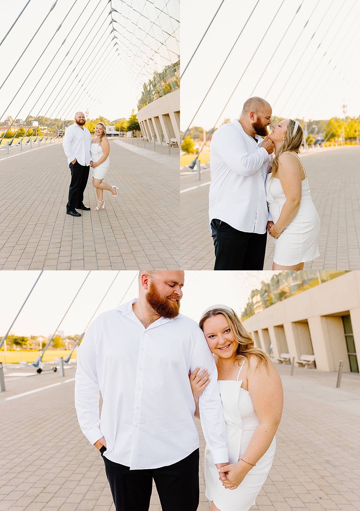 modern engagement session with couple wearing white outfits and high heels 