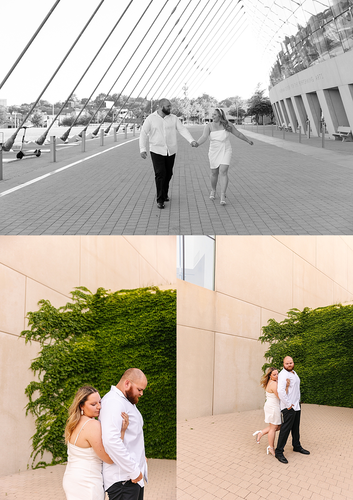 couple wearing white during engagement session walking at arts center in Kansas City 