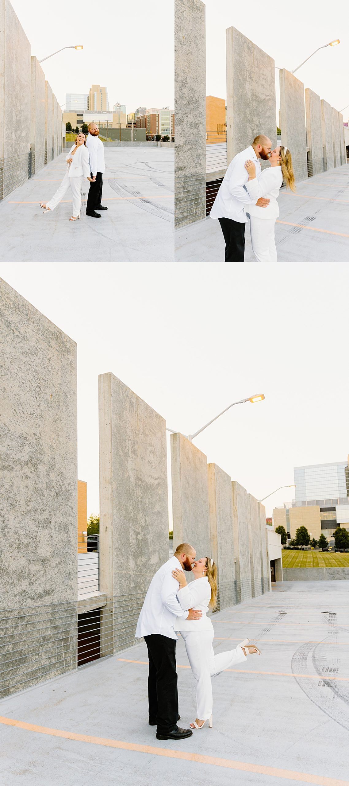 outfit change during engagement session on rooftop in Kansas City 