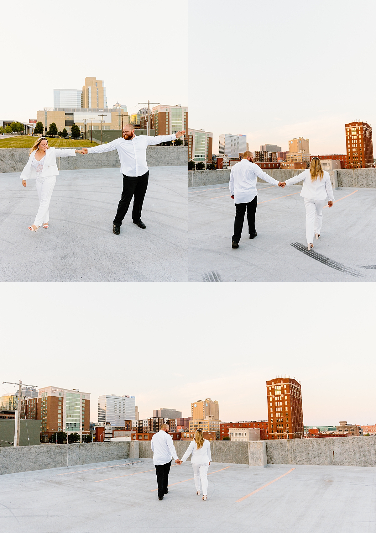 woman wearing white pant suit walking on rooftop with fiancé during modern engagement session