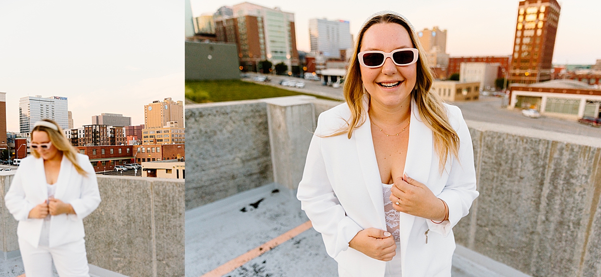 woman wearing white sunglasses and white pant suit with lace body suit in Kansas City 