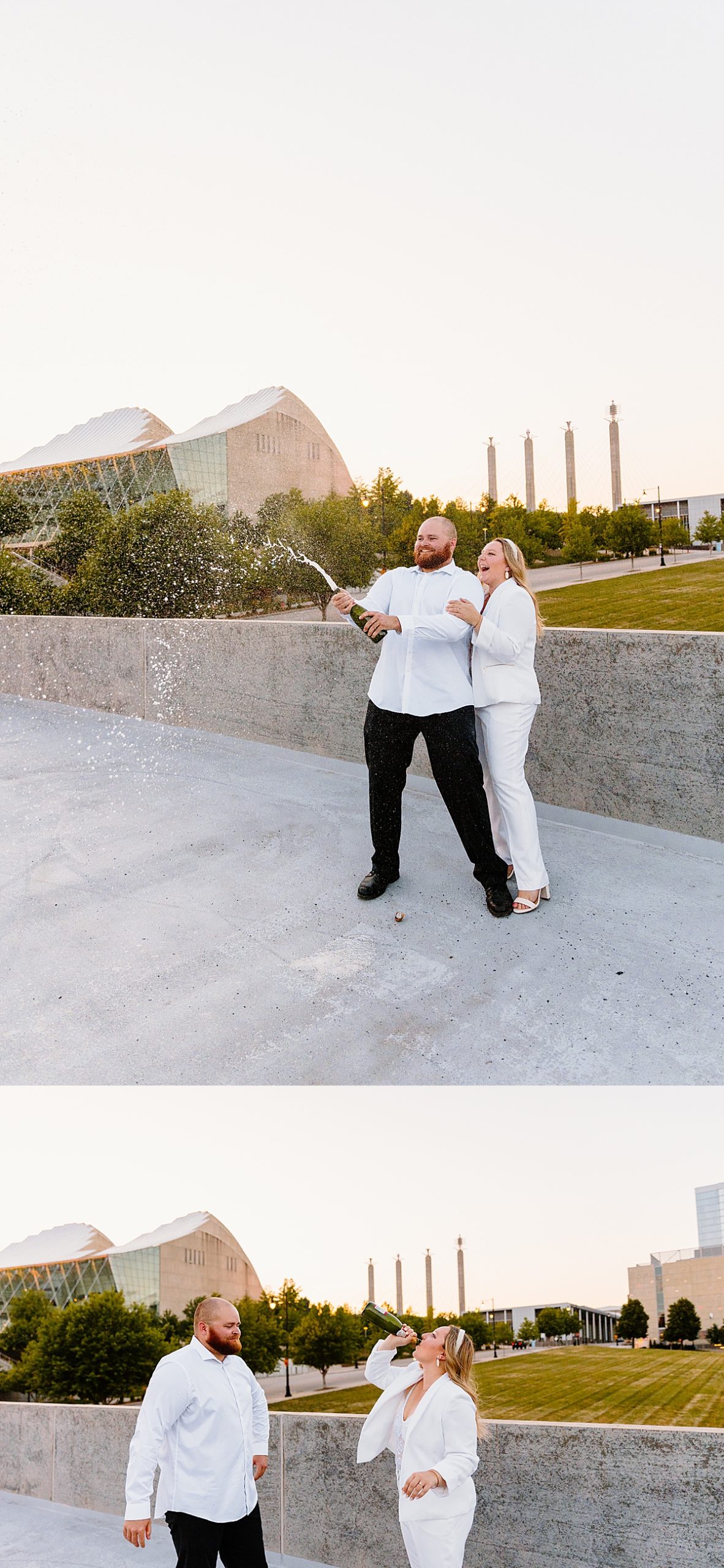 woman chugging bottle of champagne with Kansas City engagement photographer 