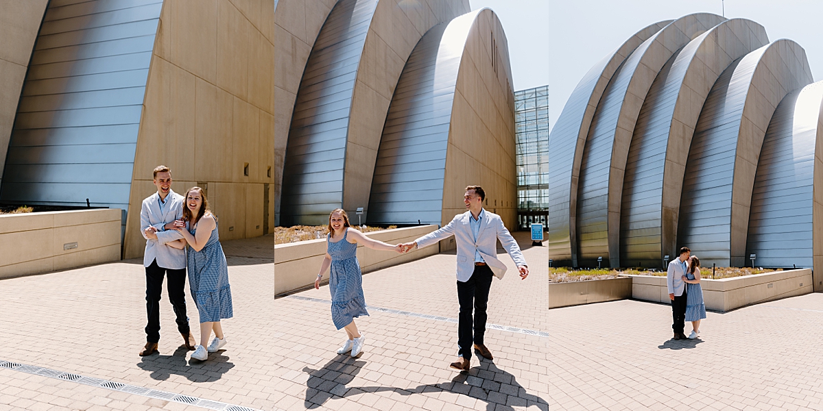 couple dances around performing arts center with Kansas City proposal photographer 