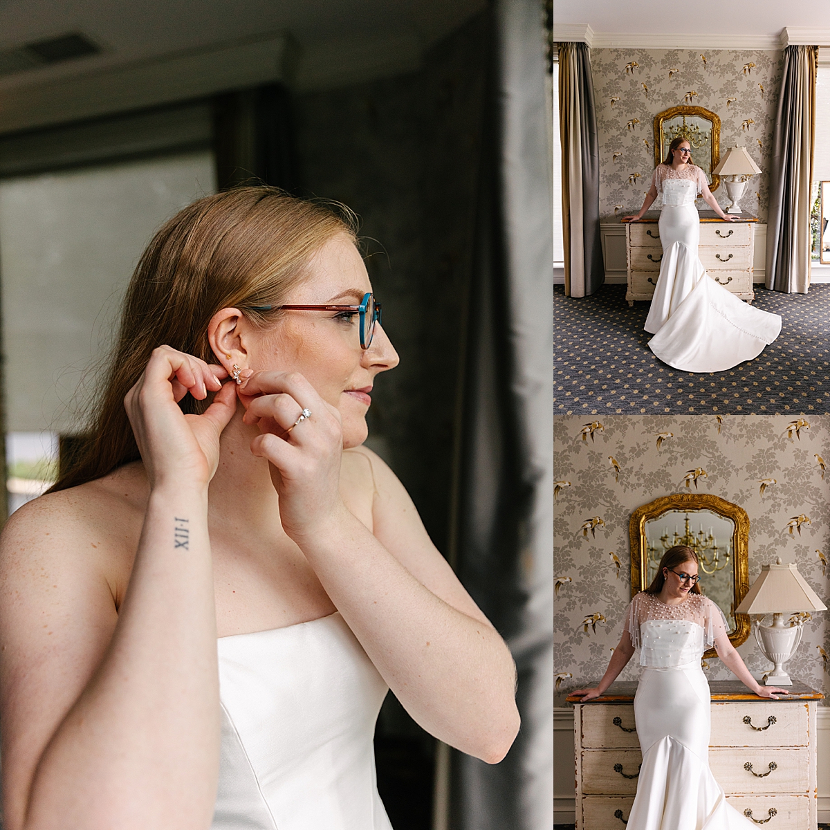 bridal portraits of bride in dress and pearl shall while putting on earrings
