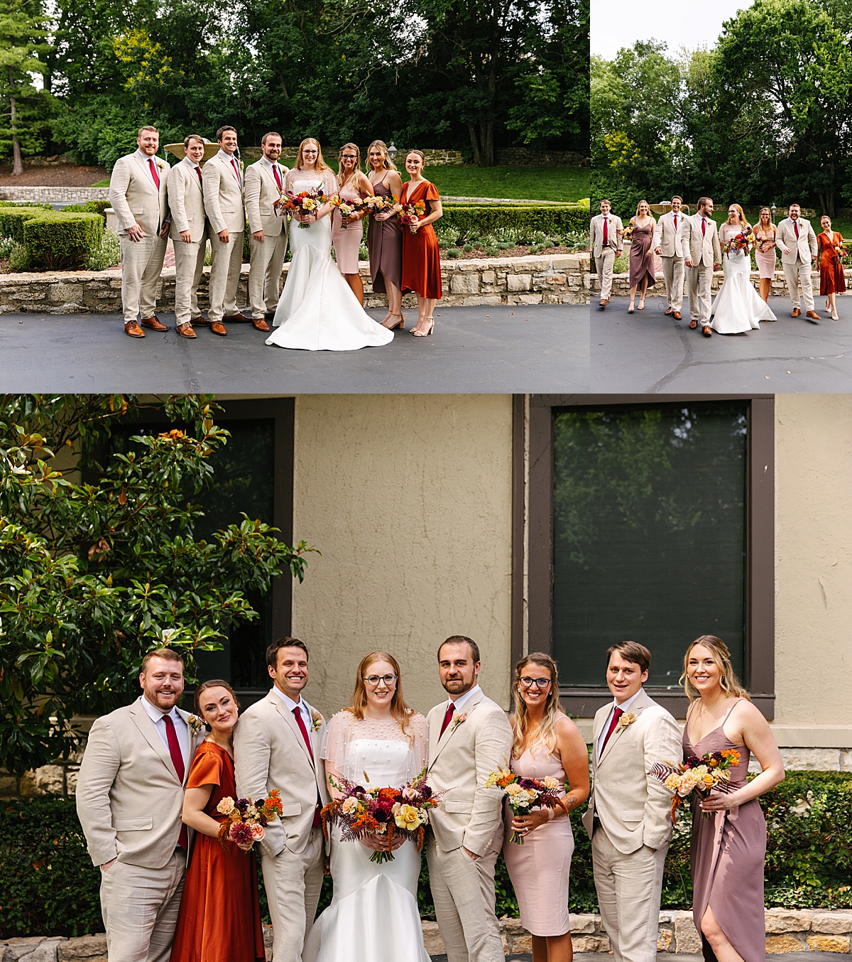 couple with bridal party and groomsmen holding wedding bouquets