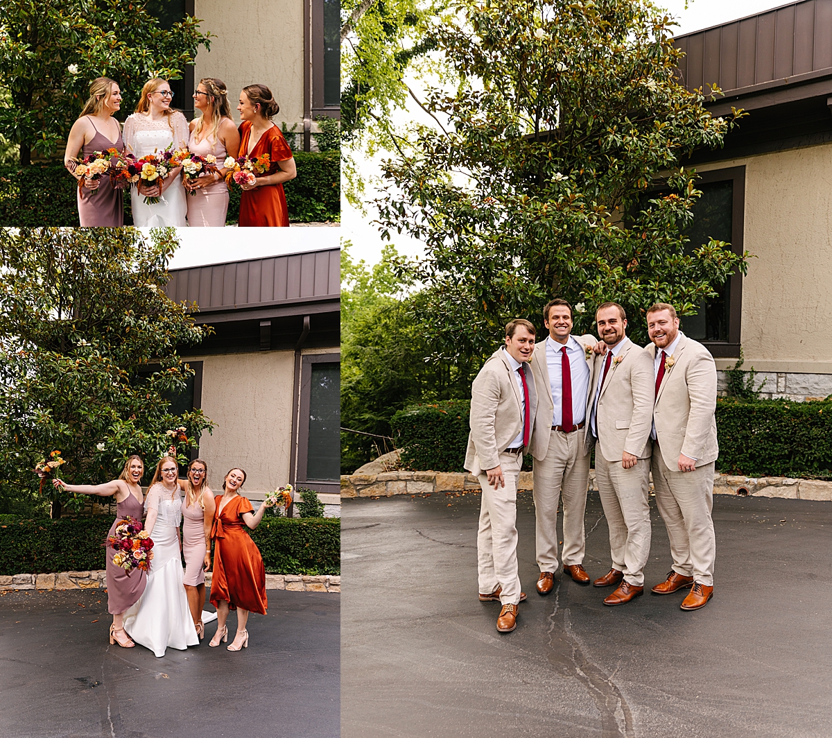 groom and groomsmen wearing tan suits and warm brown dress shoes on wedding day 
