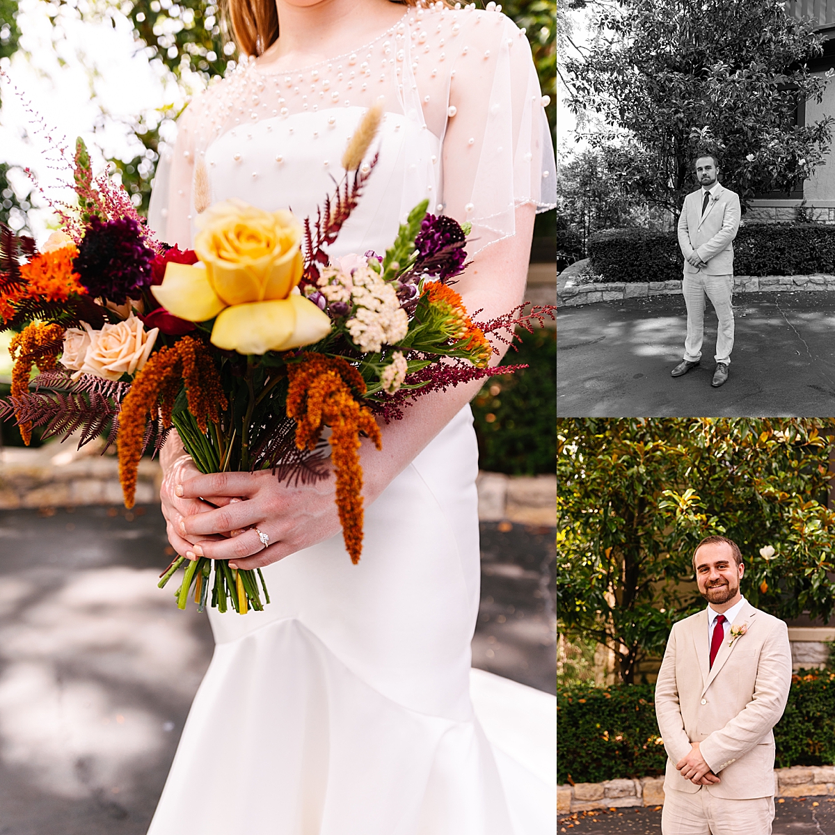 grooms portraits outside of wedding ceremony while bride shows off engagement ring 