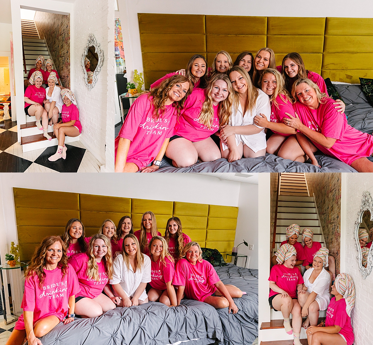 bride and bridesmaids wearing white and pink tops at kiss the miss goodbye bachelorette party 