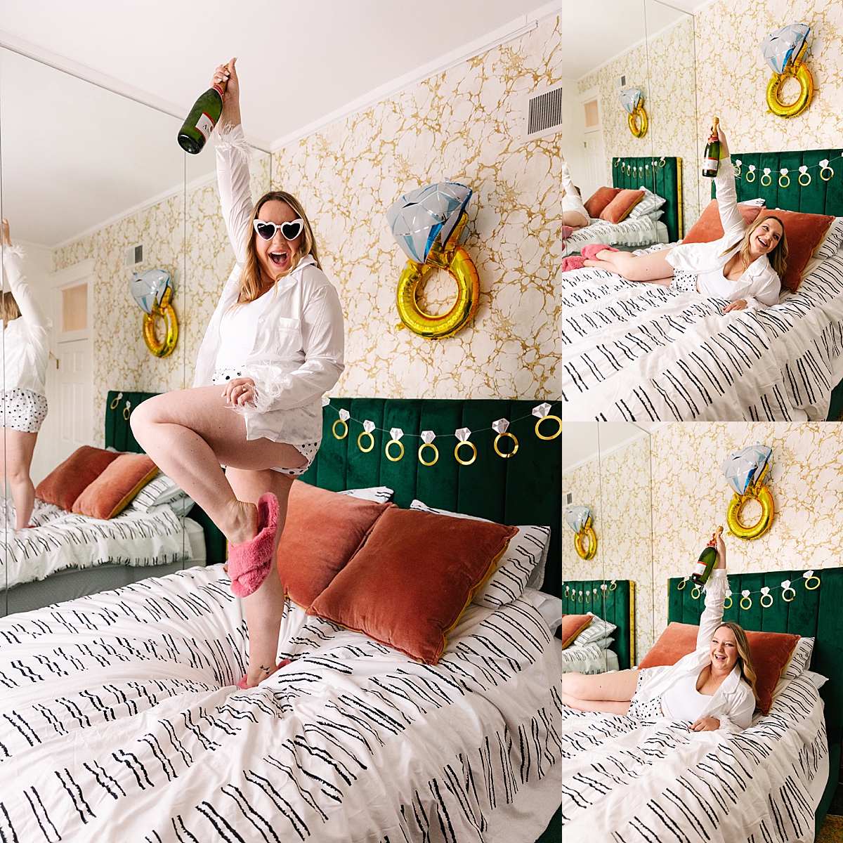 bride sitting and jumping on bed in airbnb at bachelorette party 