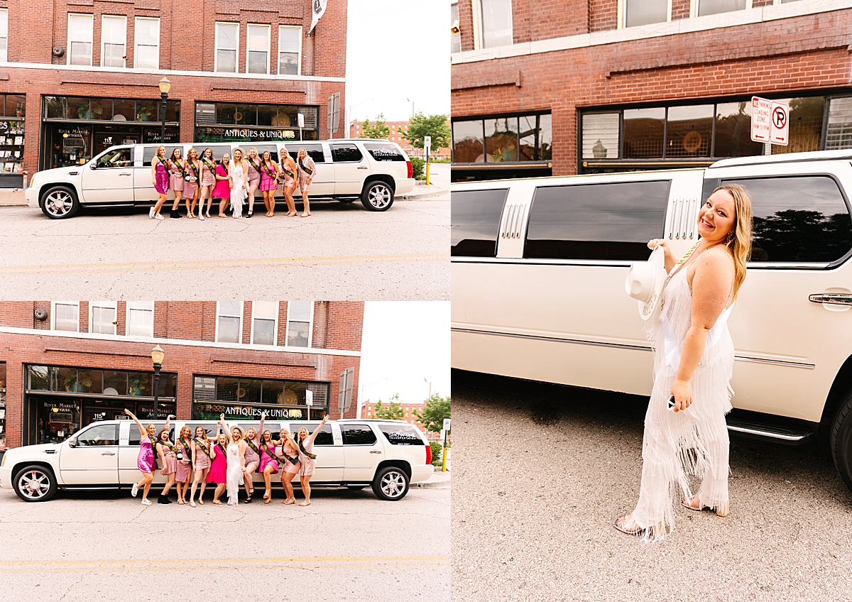 group standing in front of limo in Kansas City before bar hopping 