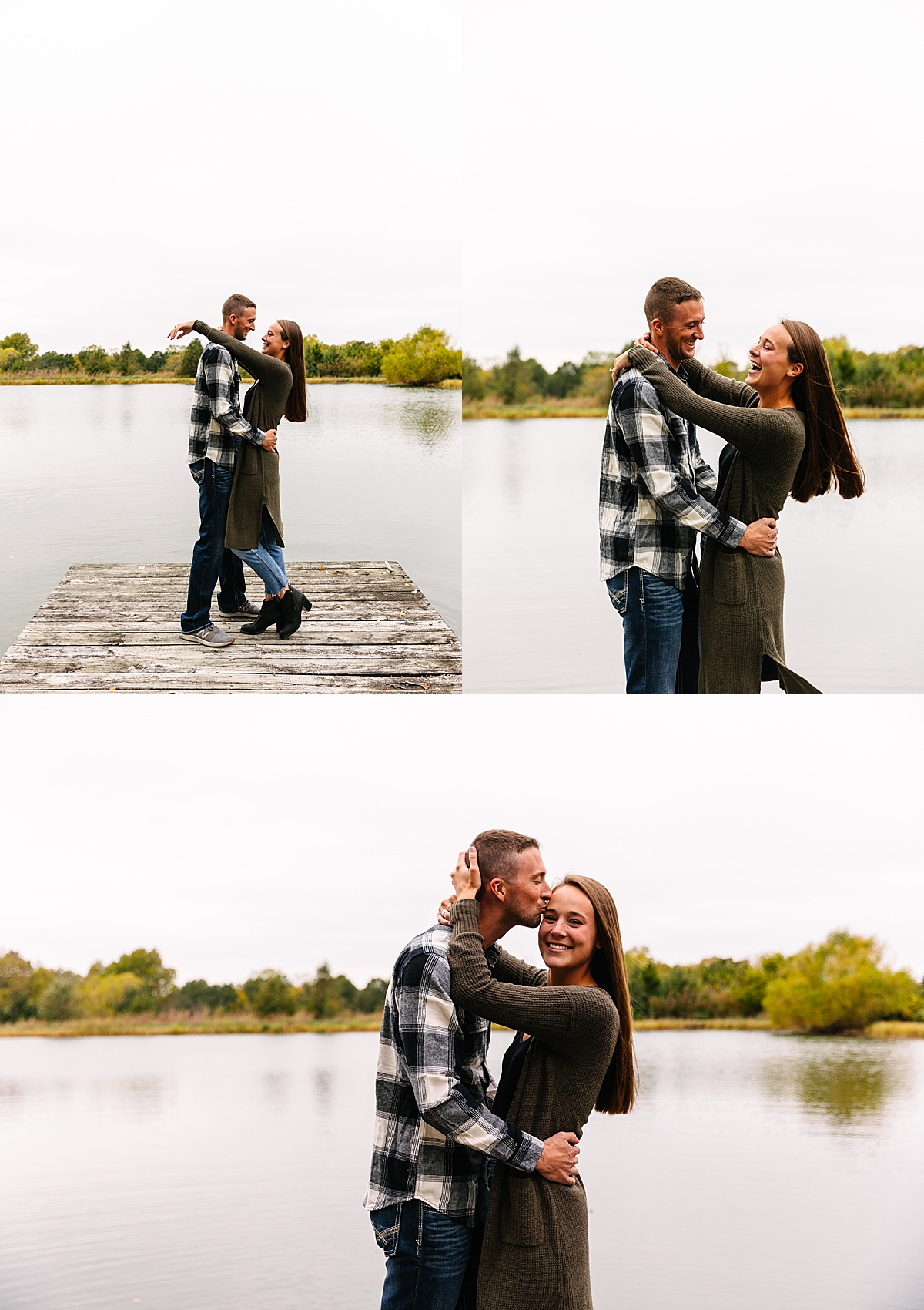 fall engagement session on pond pier wearing flannel top and green cardigan 