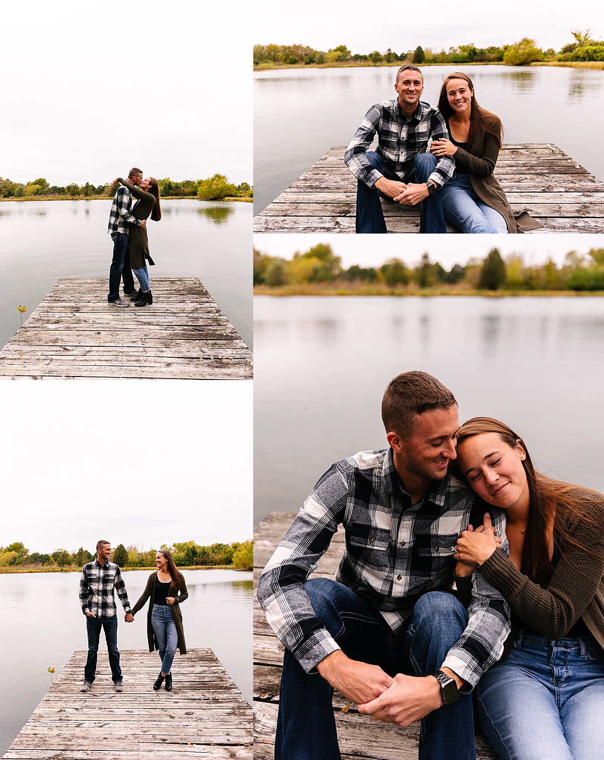 engaged couple sitting on dock at family property outside of Kansas City 