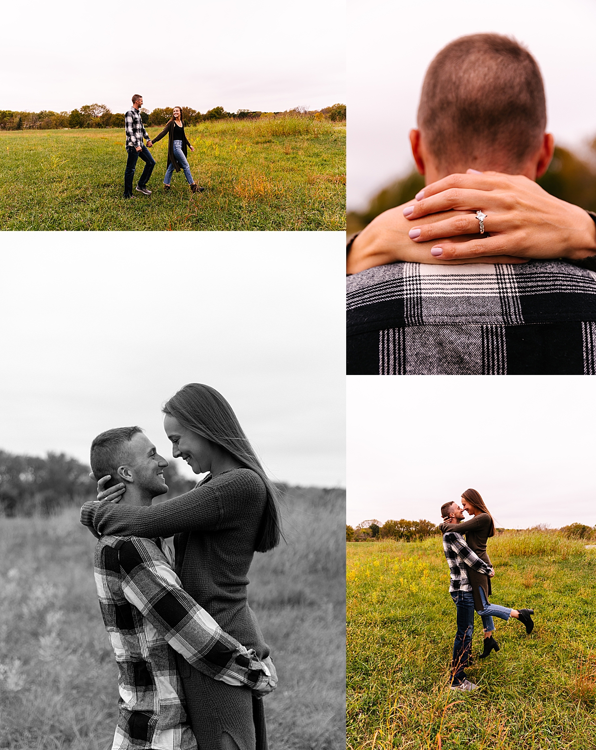 showing off diamond engagement right walking through grass field by Natalie Nichole Photo