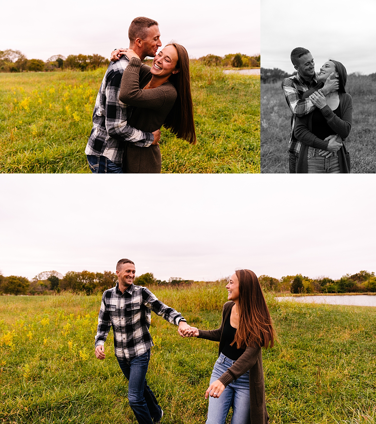 fall engagement session while kissing each others cheeks and holding one another 