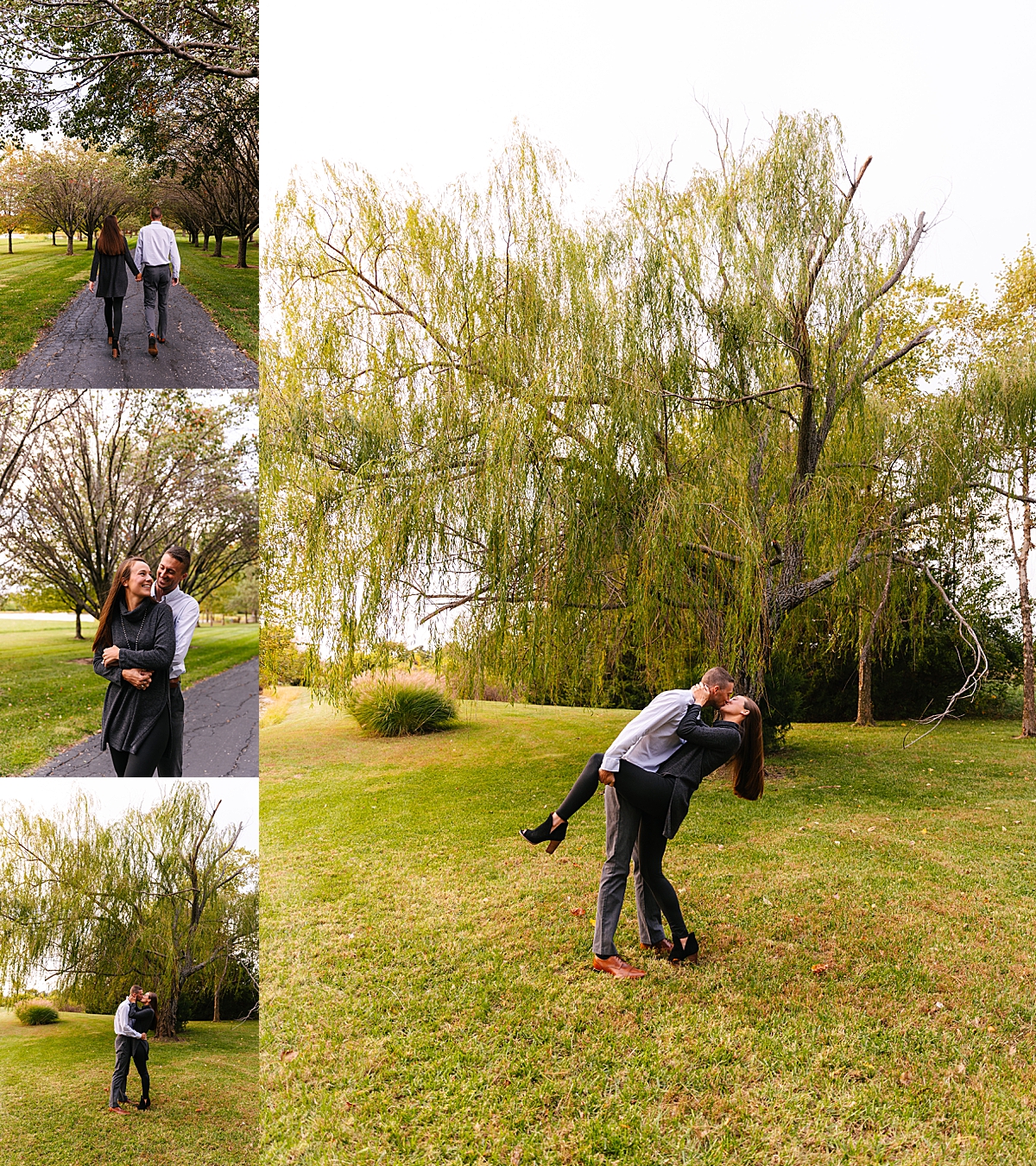couple kissing in front of willow tree at sunset by Kansas Wedding Photographer
