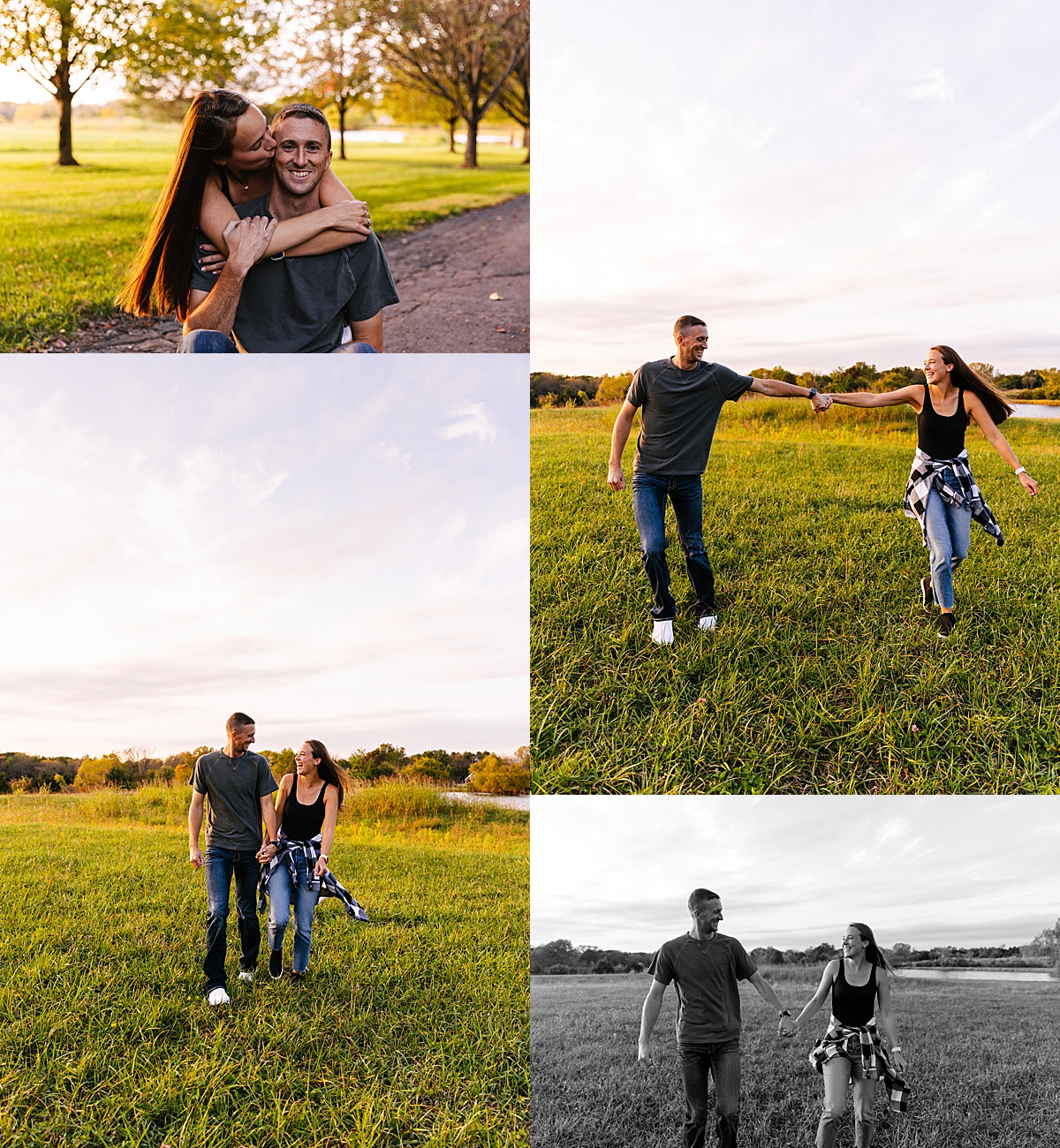 sunset engagement session in the fall walking along grass field by Natalie Nichole Photo