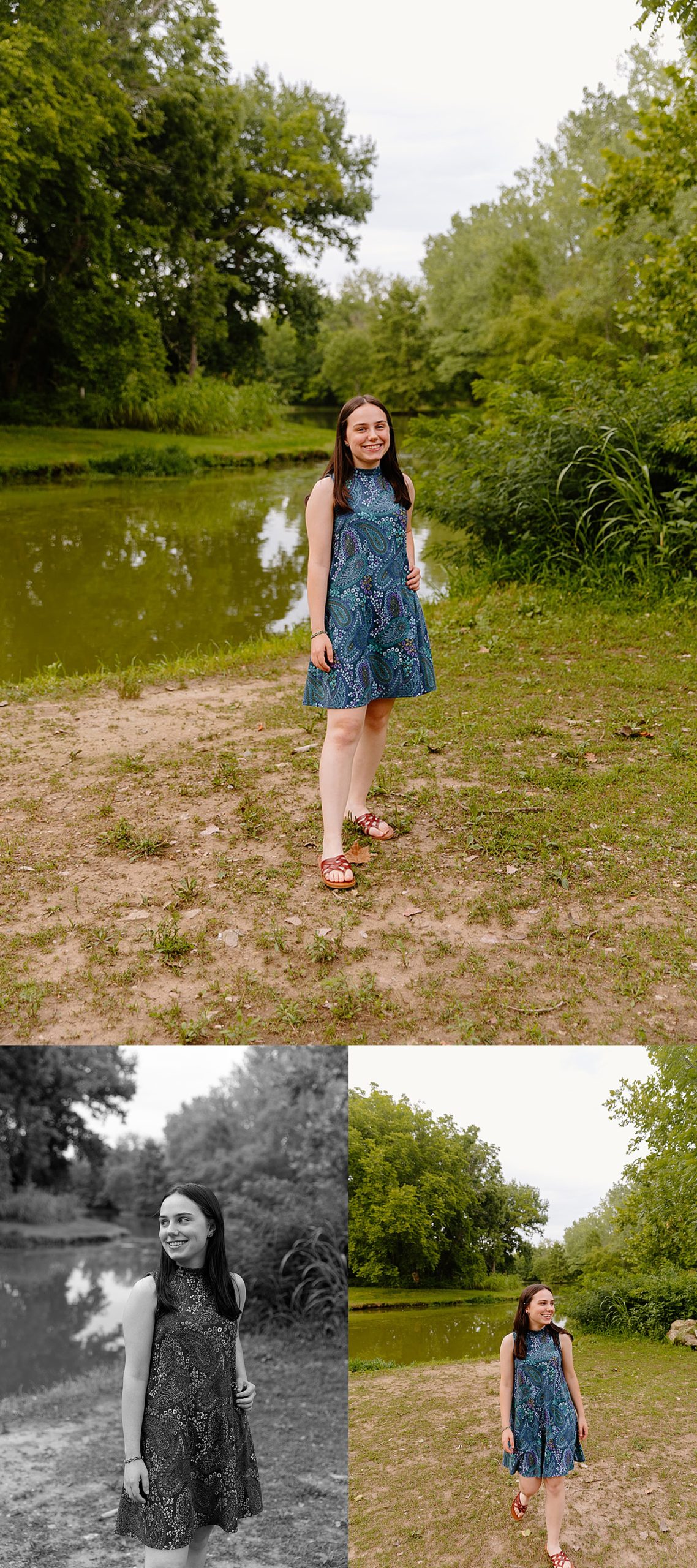 senior portraits session with girl by pond wearing dress at Tomahawk park