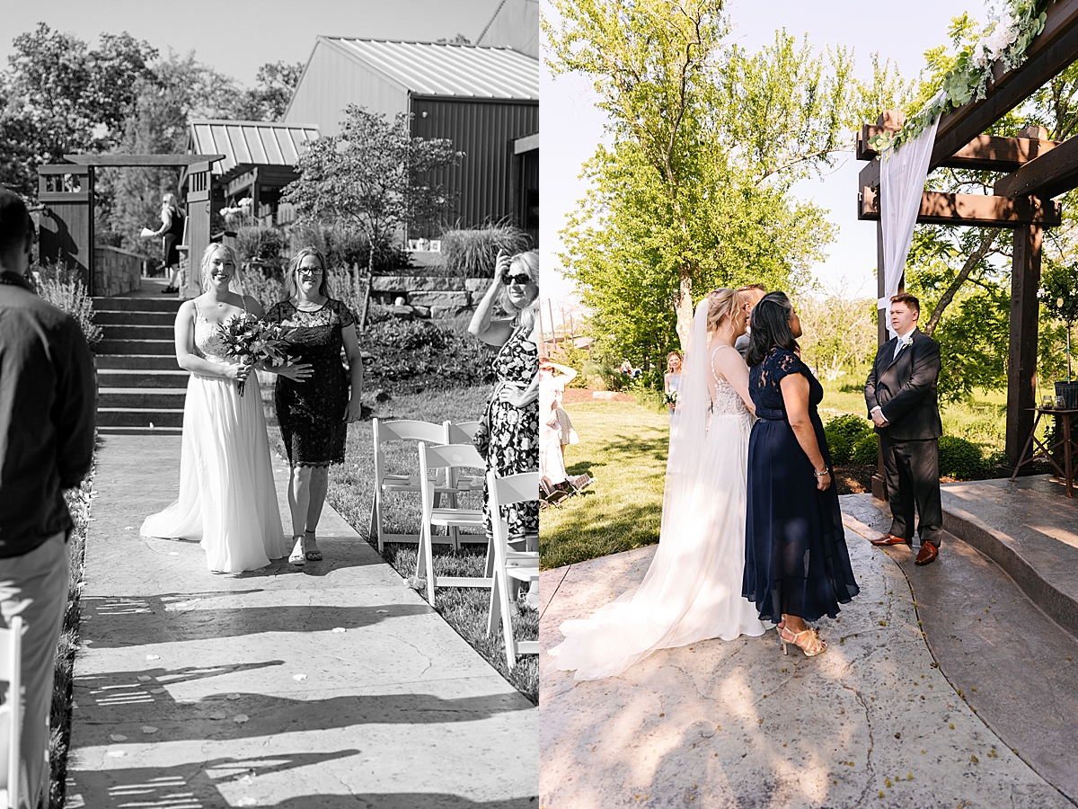 wedding ceremony midday with mother walking bride down the aisle by Kansas City wedding photographer 