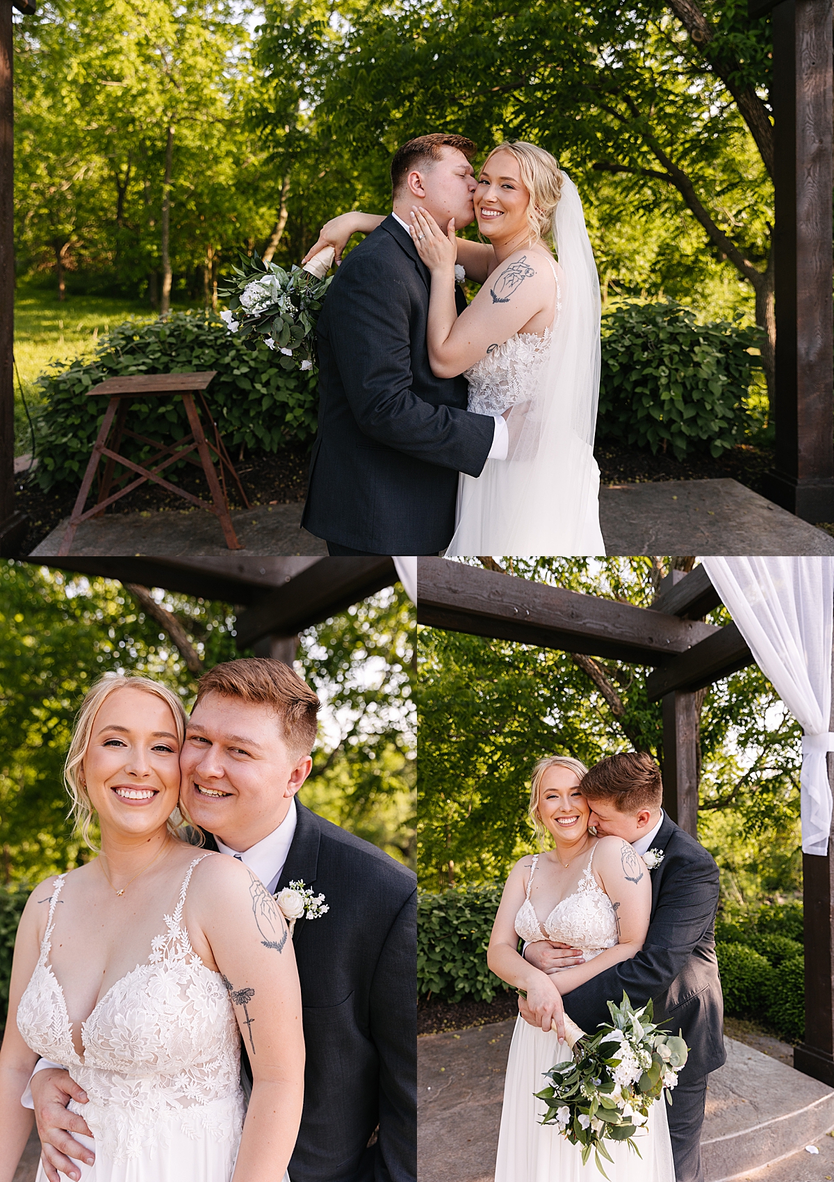 newly married couple portraits hugging under ceremony arch by Kansas City wedding photographer 