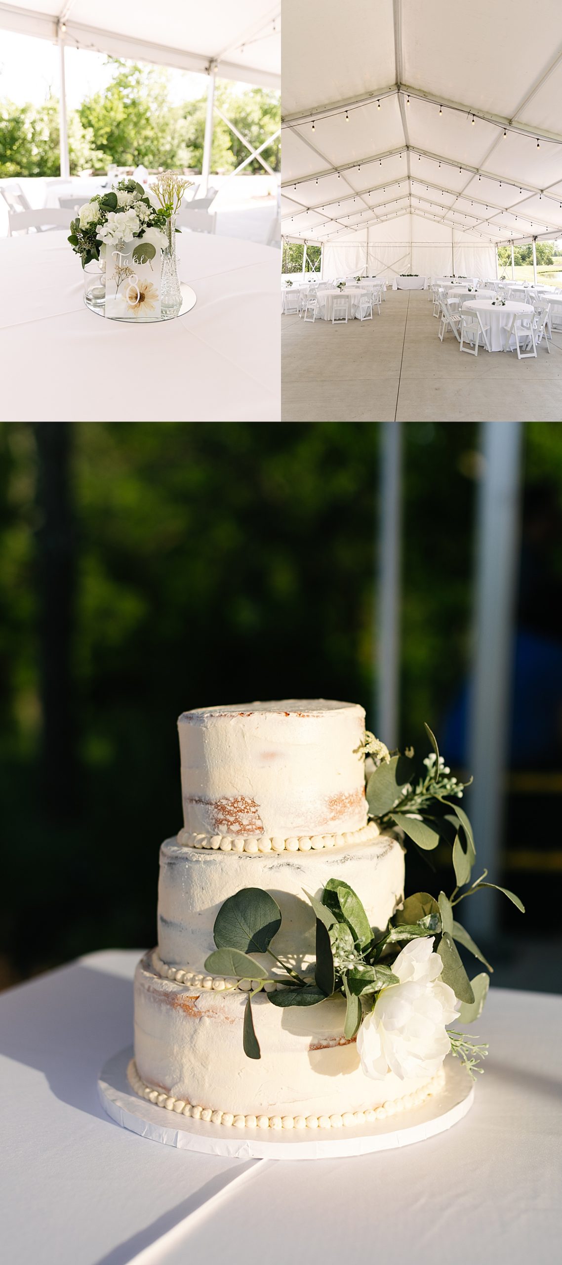 wedding cake at reception under white tent by Kansas City wedding photographer 