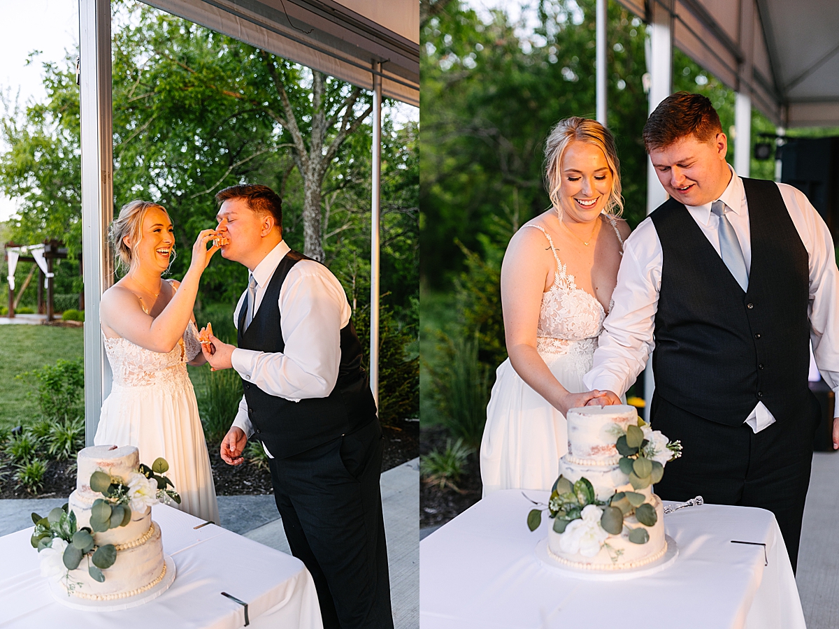 bride and groom cut wedding cake during reception by Natalie Nichole photos 
