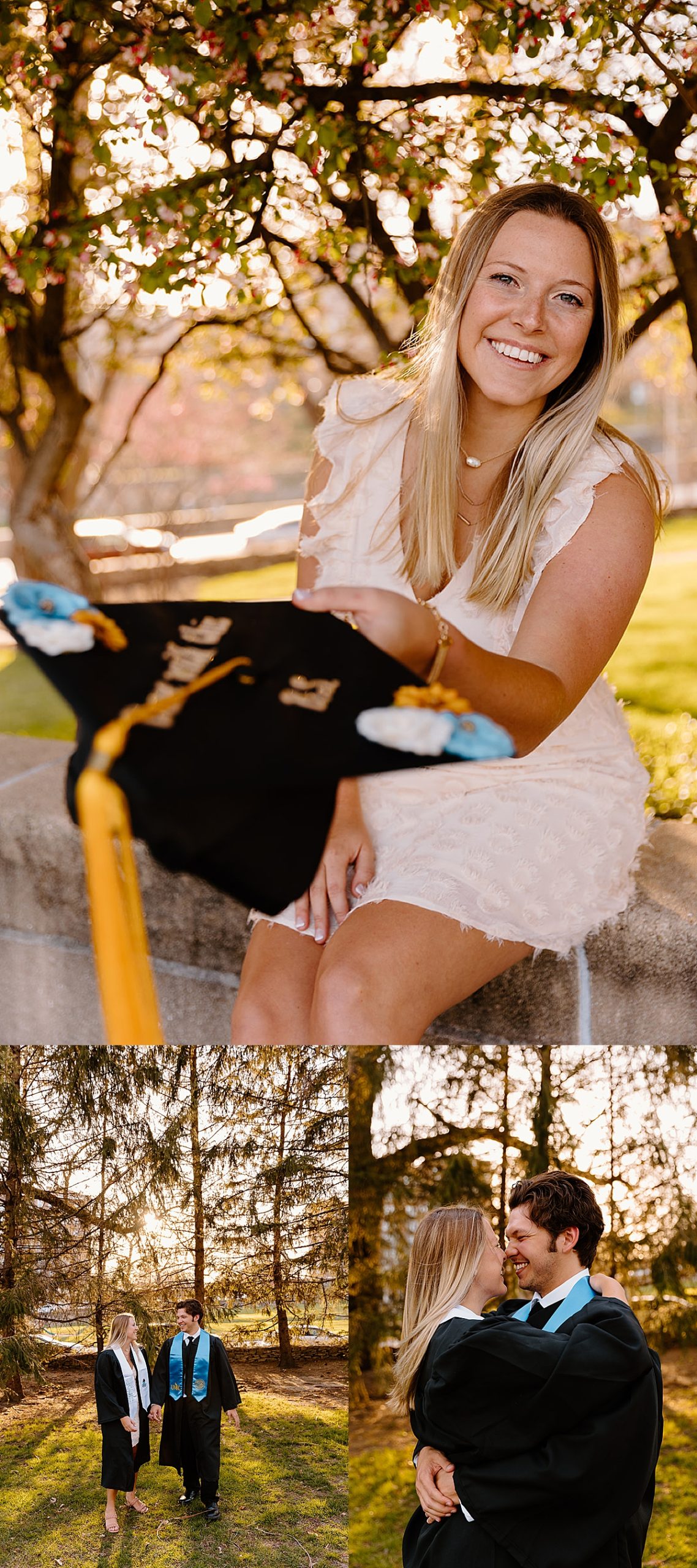 solo portraits of college grad with boyfriend in cap and gown for spring graduation photos