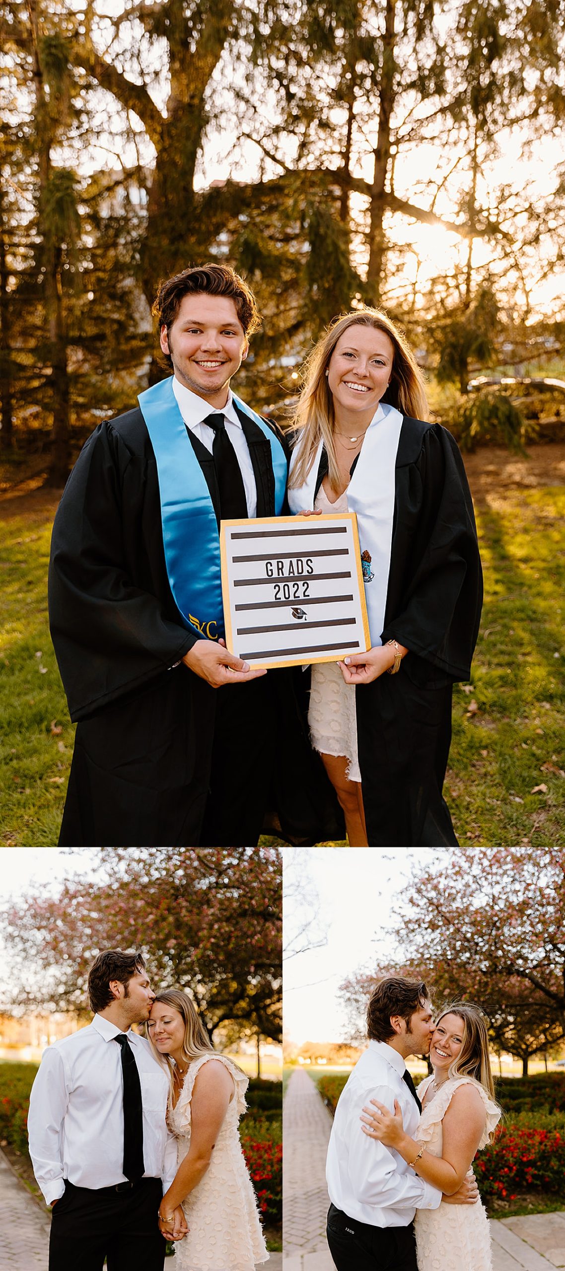 couple holding up sign with cap and gown by Kansas City college photographer 