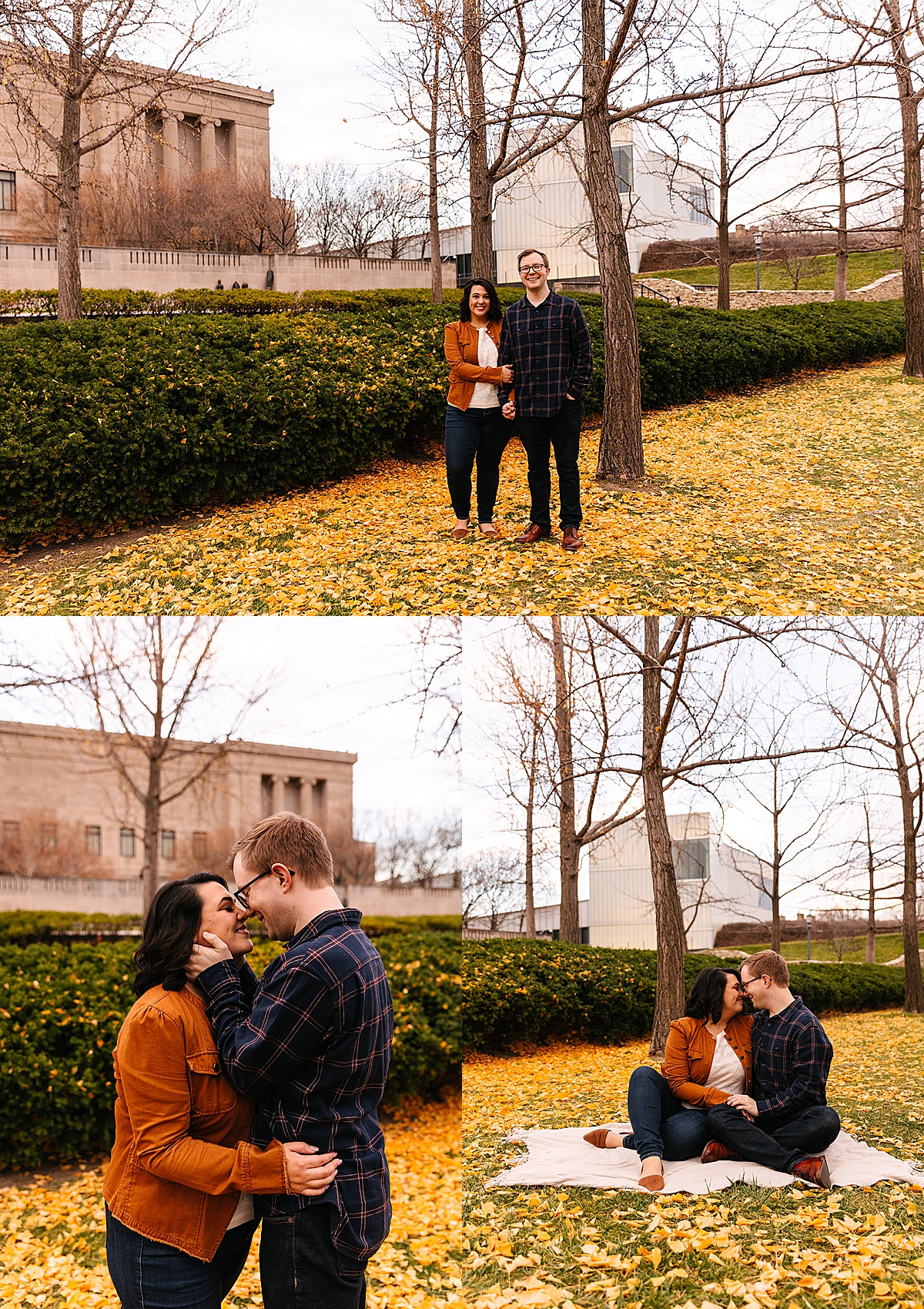 engaged couple standing outside the nelson atkins museum in fall colored clothing 